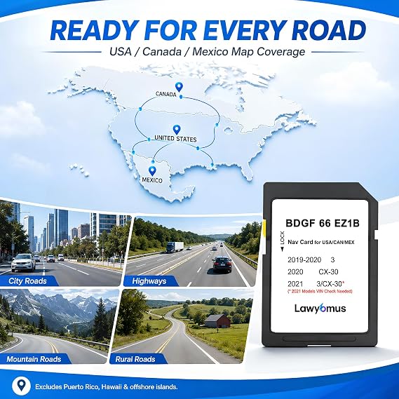 BDGF66EZ1B Navigation SD Card for Mazda 3 and CX-30, HUD and Speed Limits | Fits Mazda 3 2019-2020, CX-30 2020 and Select 2021 Mazda 3/CX-30 (VIN Check Required); Offline Maps, US/CA/MX Maps