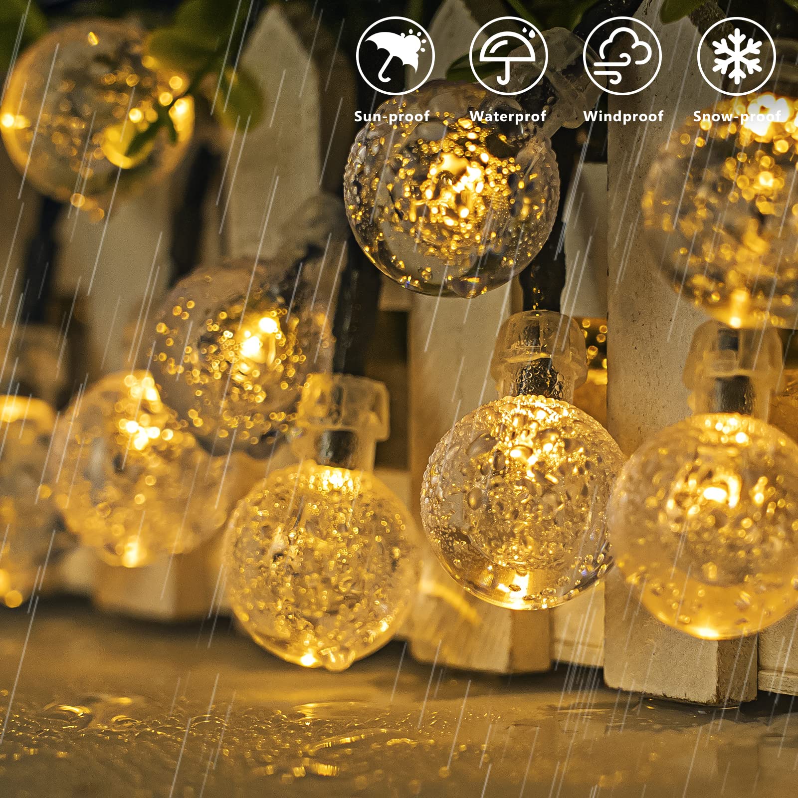 Koopower Luci solari, confezione da 2, 50 sfere di cristallo LED, impermeabili, su filo verde da 8 m, per giardino (bianco caldo)