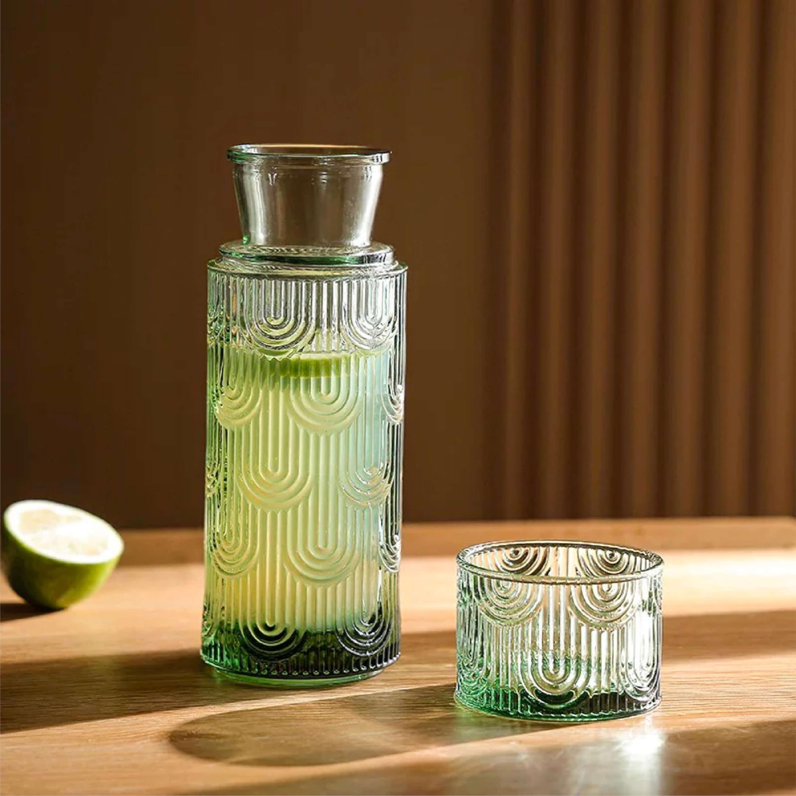 SEICASAYA Glass Water Carafe with Cup, 22oz Lead-Free Bedside Night Water Pitcher with Drinking Glass, Textured Ribbed Design for Bedroom, Mouthwash