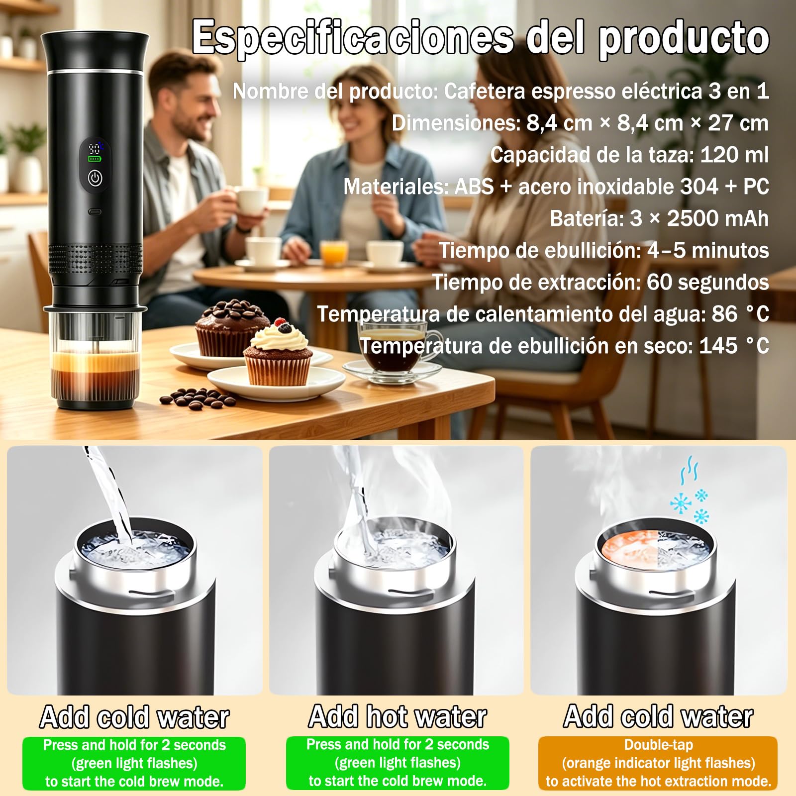 Nueva Cafetera de café espresso 3en1, para coche u oficina,Ideal para viaje | 20 bares, con pantalla LED,Máquina de café 80 ml compatible con cápsulas y café molido,Große Kaffeepulverschale (16 g)