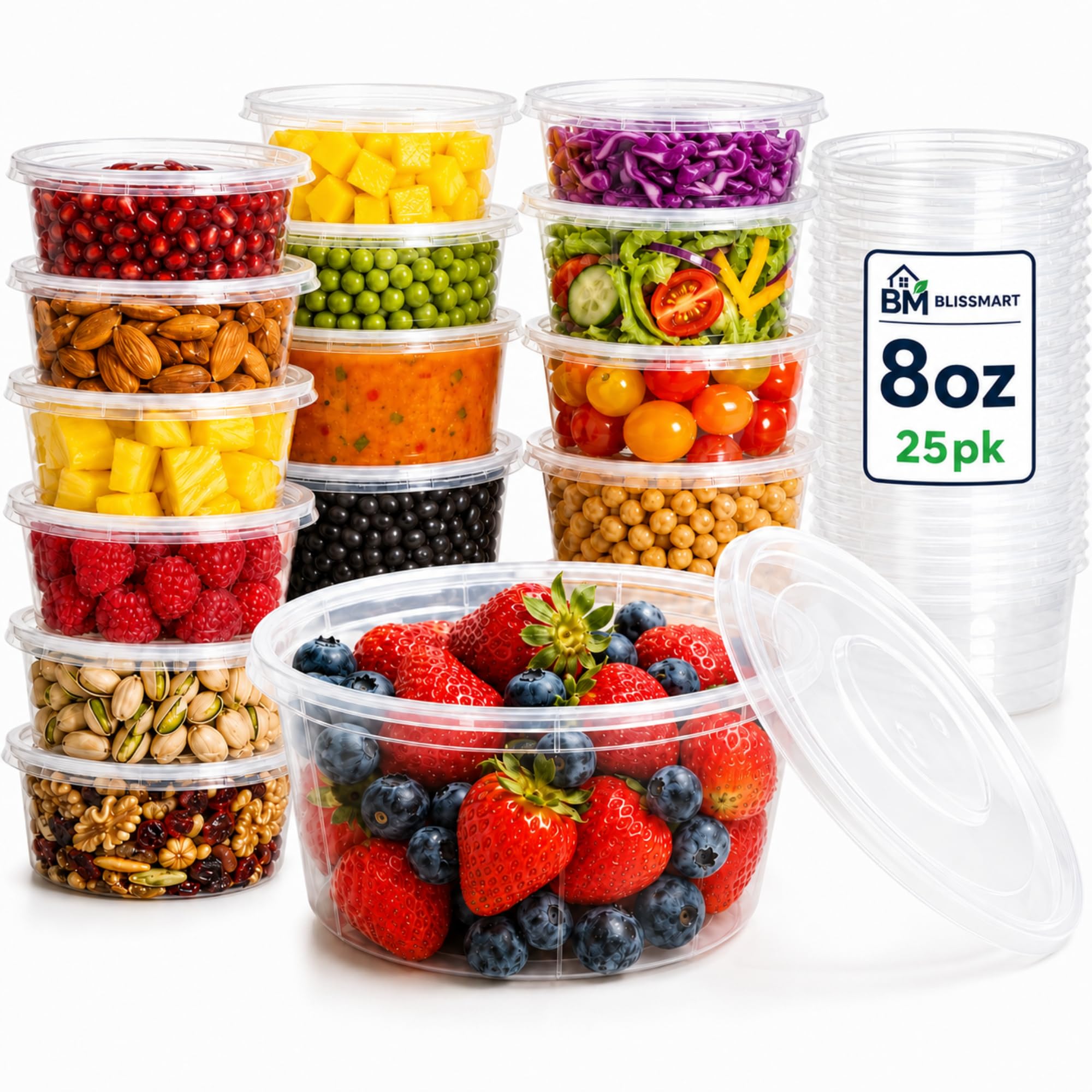 BLISSMART 8oz Round Plastic Food Containers With Lids 25 Pack 236ml Reusable Leak Proof Microwave Dishwasher Freezer Safe Food Storage Tubs Clear (25)