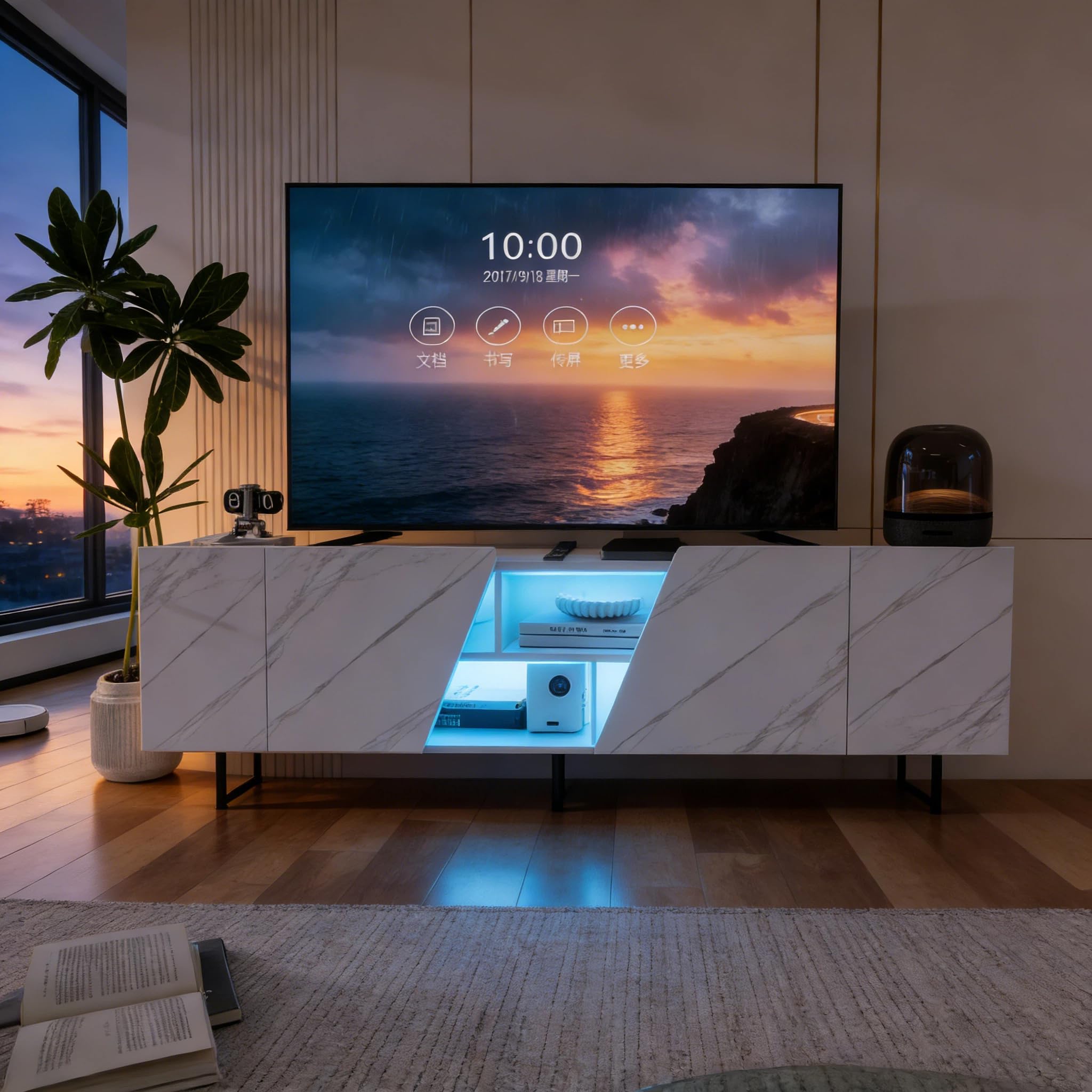 BRILVERDE Fernsehschrank mit LED-Beleuchtung in Weißer Marmoroptik Hochglanz – 220 cm TV Lowboard mit Tür, Stauraum und Sideboards, für Wohnzimmer (Weiß,220cm)