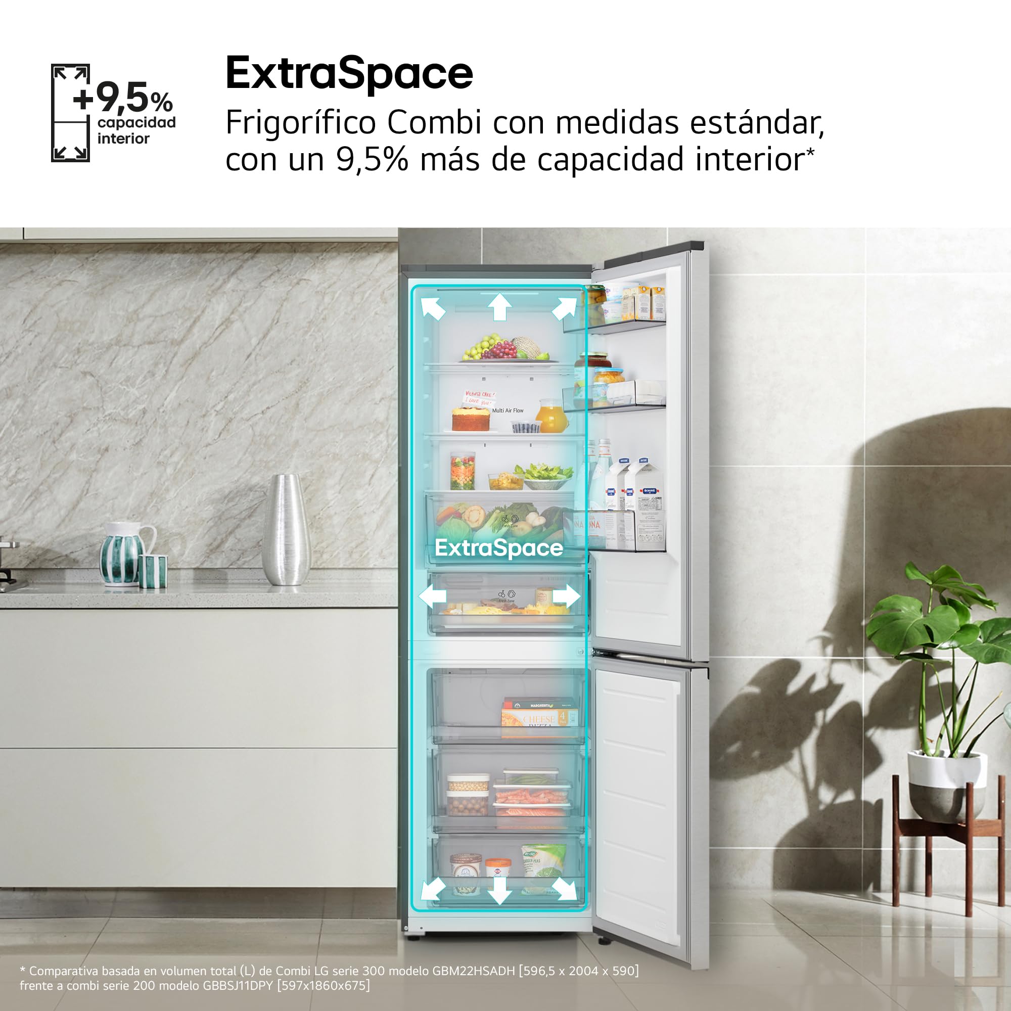 LG GBBSJ11DPY - Frigorífico Combi DoorCooling+, 1.86m, Clasificación D, Serie 200, Capacidad 333l, Inox antihuellas