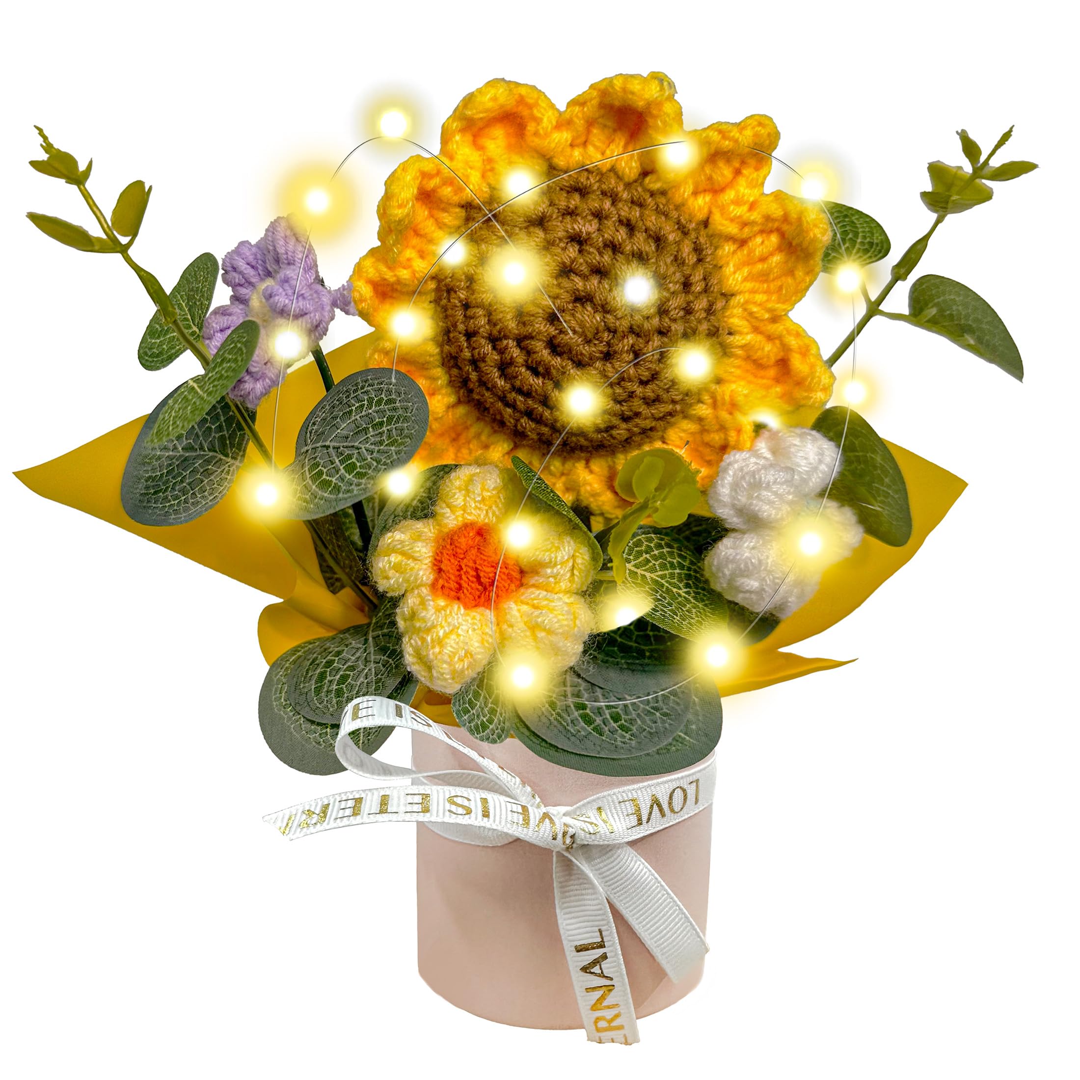Pelizen Crochet Flower Bouquet, Crochet Bouquet of Flowers, Handmade Knitted Flowers with Card for Anniversary, Birthday, Wedding, Gift for Women (Yellow-3)