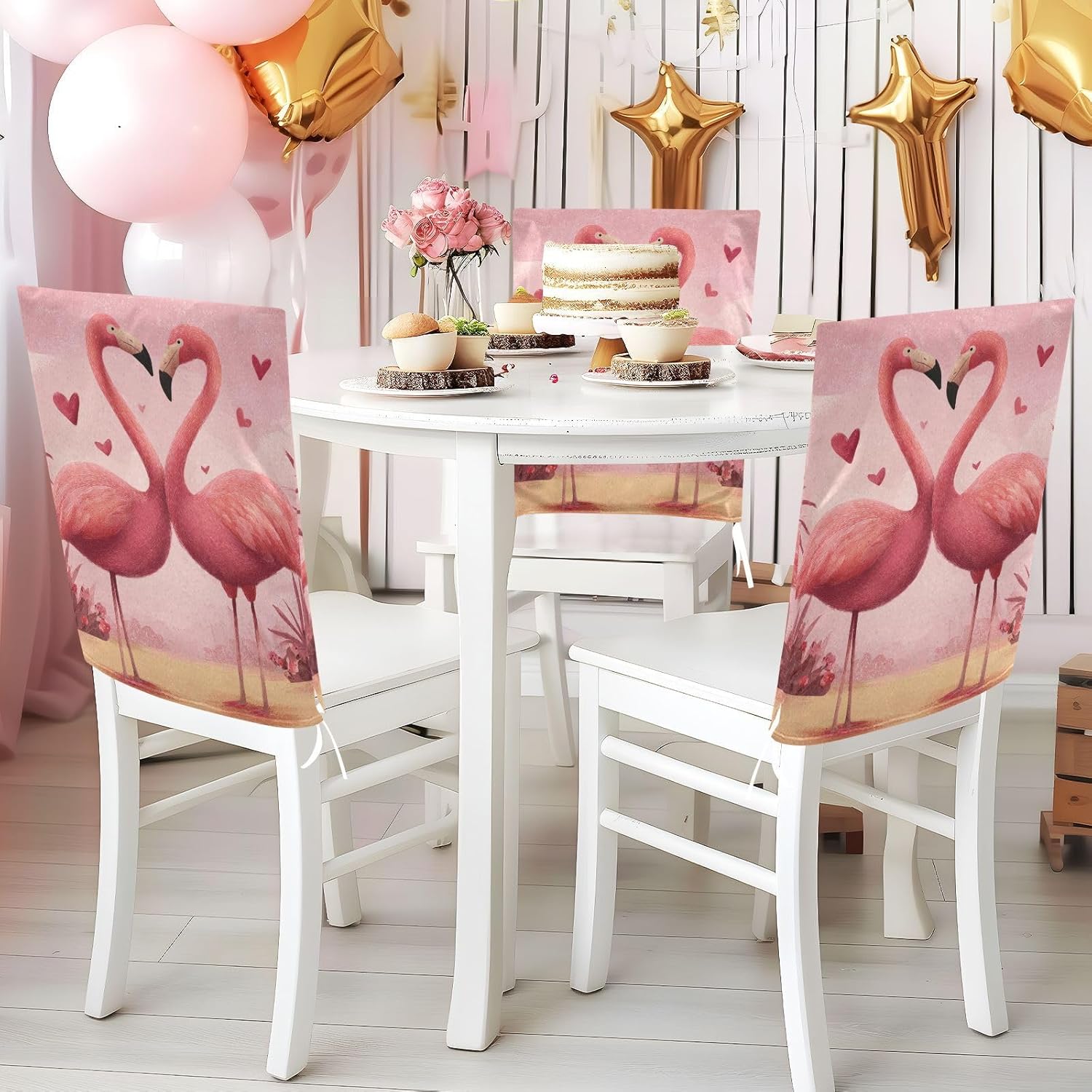 ALAZA Hearts Flamingo Birds Chair Back Cover Set of 6, Washable Reusable Removable Chair Slipcovers Decorative Chair Cover for Home Kitchen Wedding Party