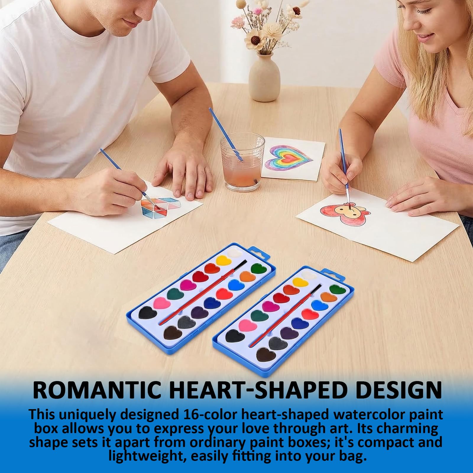 Shgxjjnb 24 Pack Heart Watercolor Paint Set with Paintbrush and 16 Colors for Kids, Valentines Party Favors Art, Classroom Gifts for Students Painting — view 7