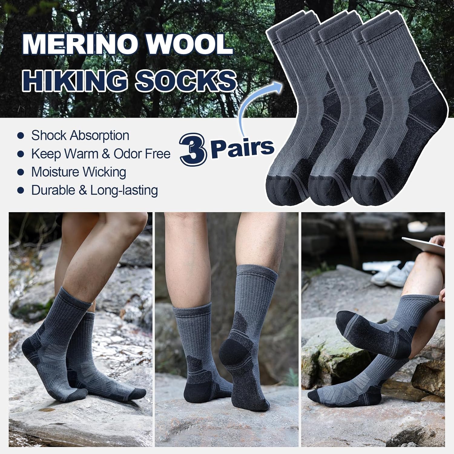 BISOUSOX Merino Wool Warm Socks for Men Women, 3 Pairs Thermal Moisture Wicking Boot Socks, Breathable Wool Hiking Sock