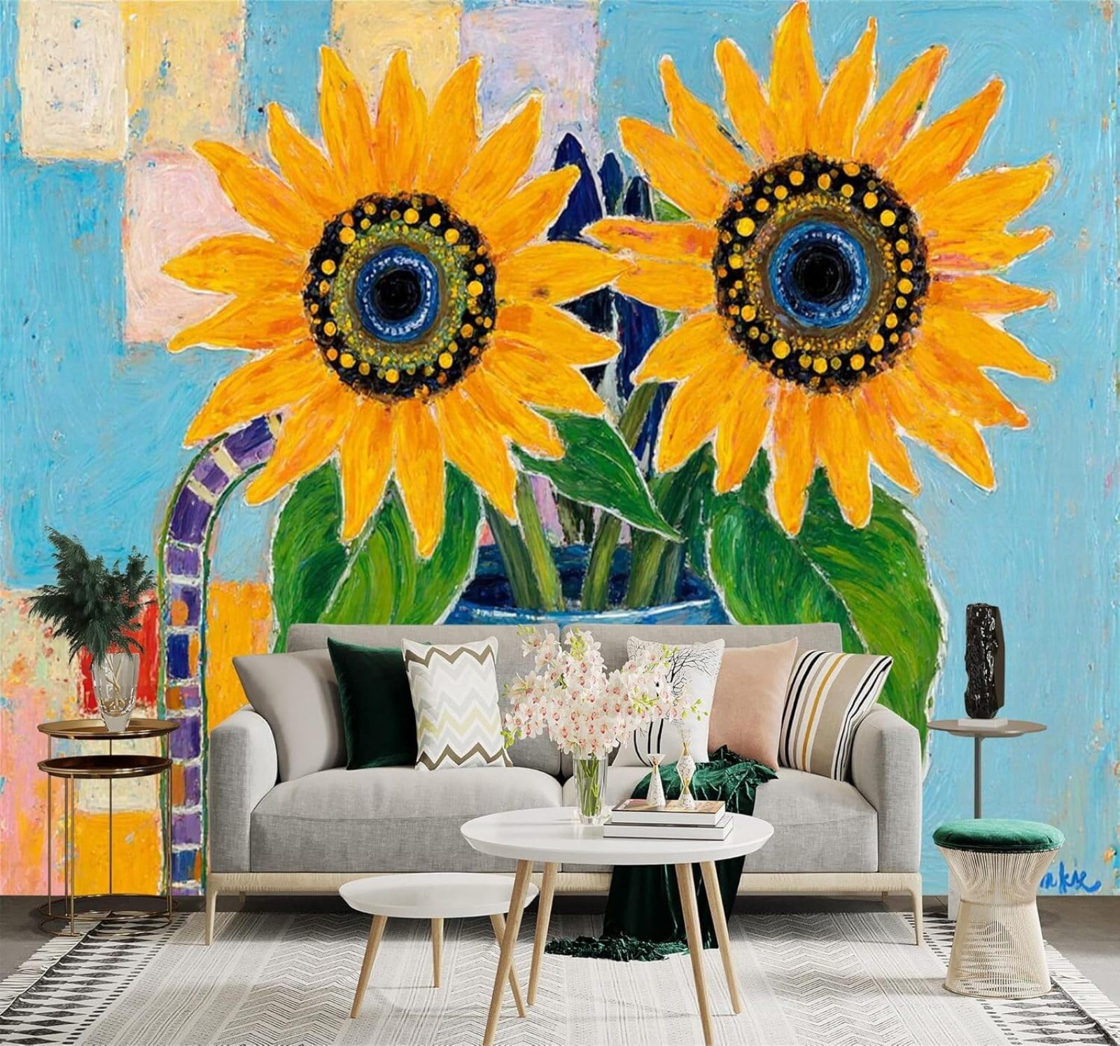 XLMING Blue Vase Colourful Sunflowers Abstract Art Painting 3D Wallpaper Silky Texture Home Study Office Grey Dining Room Sofa Bedroom Living Room TV Backdrop-300cm×210cm