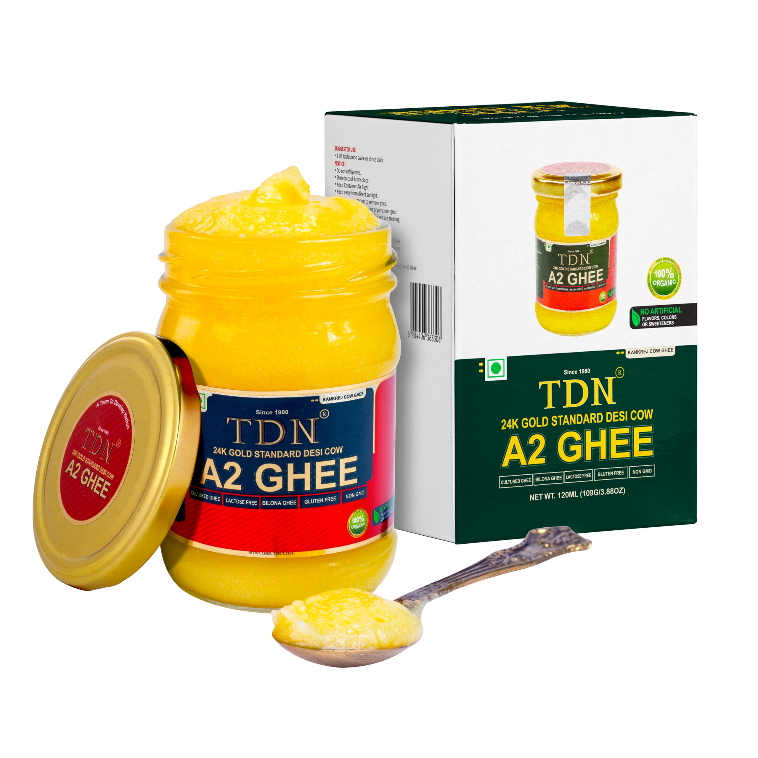 TDN Farm Fresh Desi Ghee -120ML Glass Bottle, NDDB A2 Lab Certified, A2 Ghee Bilona Method, A2 Organic Cow Ghee, Grassfed, Cultured Premium & Traditional Ghee, Curd Churned A2 Ghee, A2 Pure Ghee