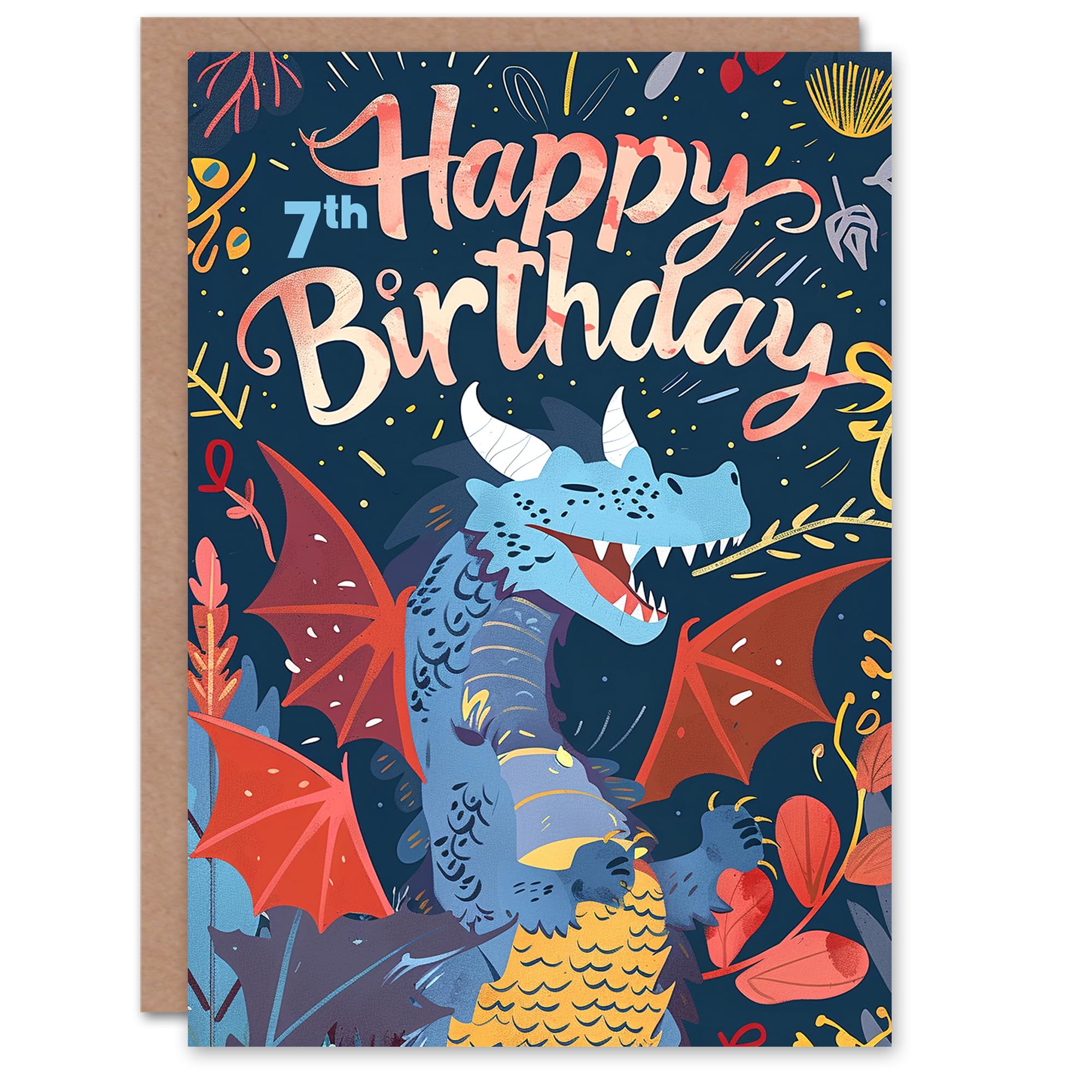 Artery8 Birthday Card Happy Laughing Dragon Design Fun Joy 7th 7 Year Old For Child Kids Son Daughter Greeting Card