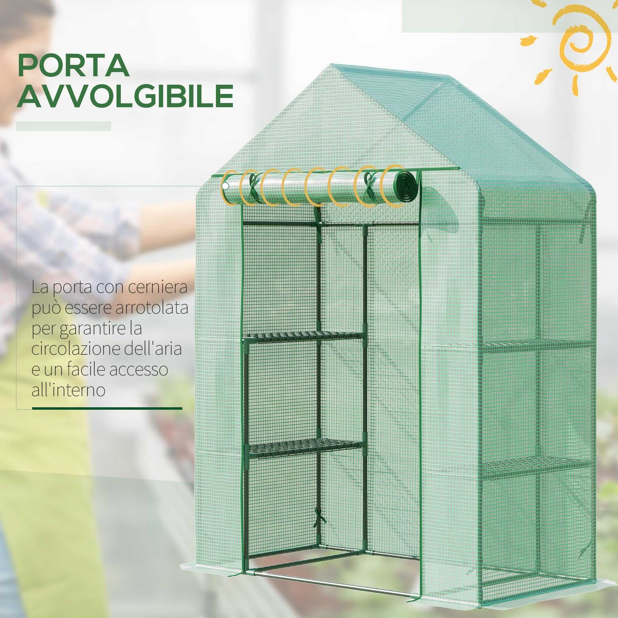 Outsunny Serra da Esterno con 4 Ripiani, Funi e Picchetti, in Acciaio e Plastica PE, 141x72x191 cm, Verde