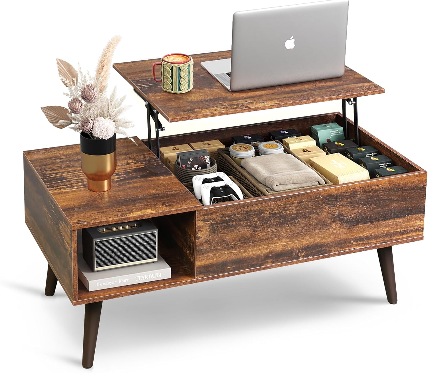 Rustic Oak Lift-Top Coffee Table with Adjustable Storage