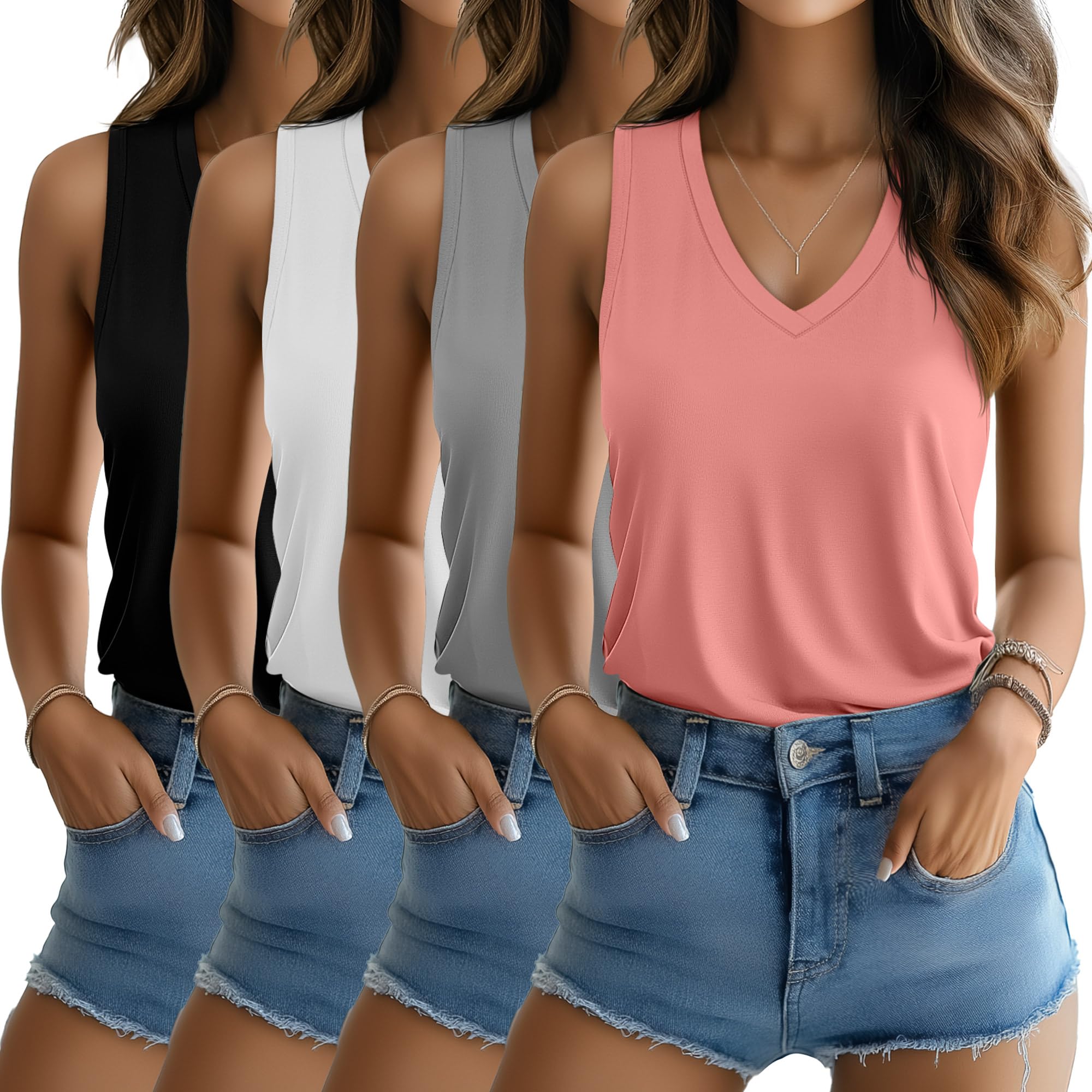 Riyiper 4 Pack Women's Tank Tops V Neck T Shirts Loose Fit Summer Sleeveless Casual Tee Blouse 2026 Fashion Vacation Clothes