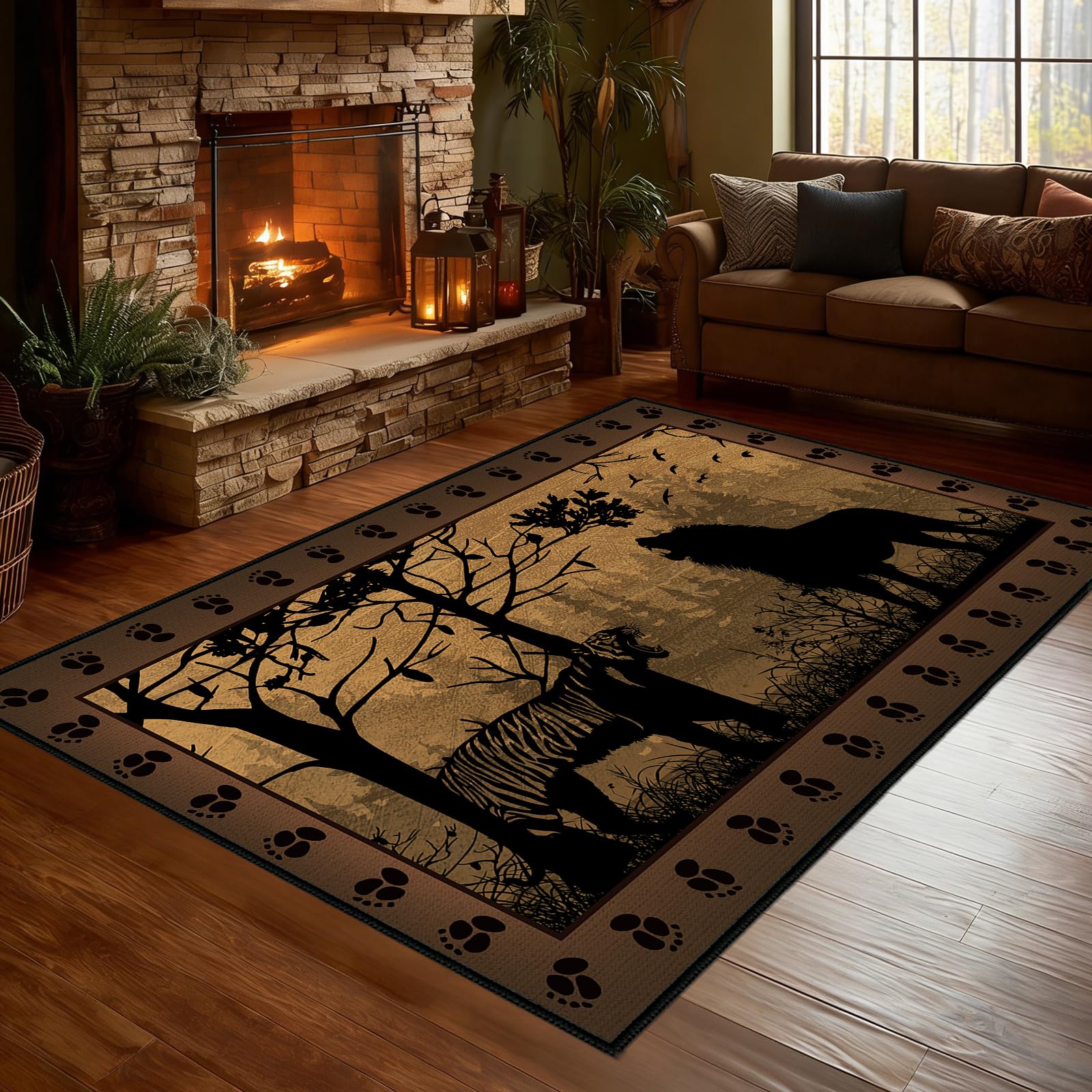 Cabin Rustic Area Rug 5x7,Tiger Country Wildlife,Vintage Area Carpets for Bedroom,Ultra-Thin Washable Throw Floor Rugs Indoor Non Slip Accent Floor Mats for Living Room,Dining Room,Laundry Room,Brown