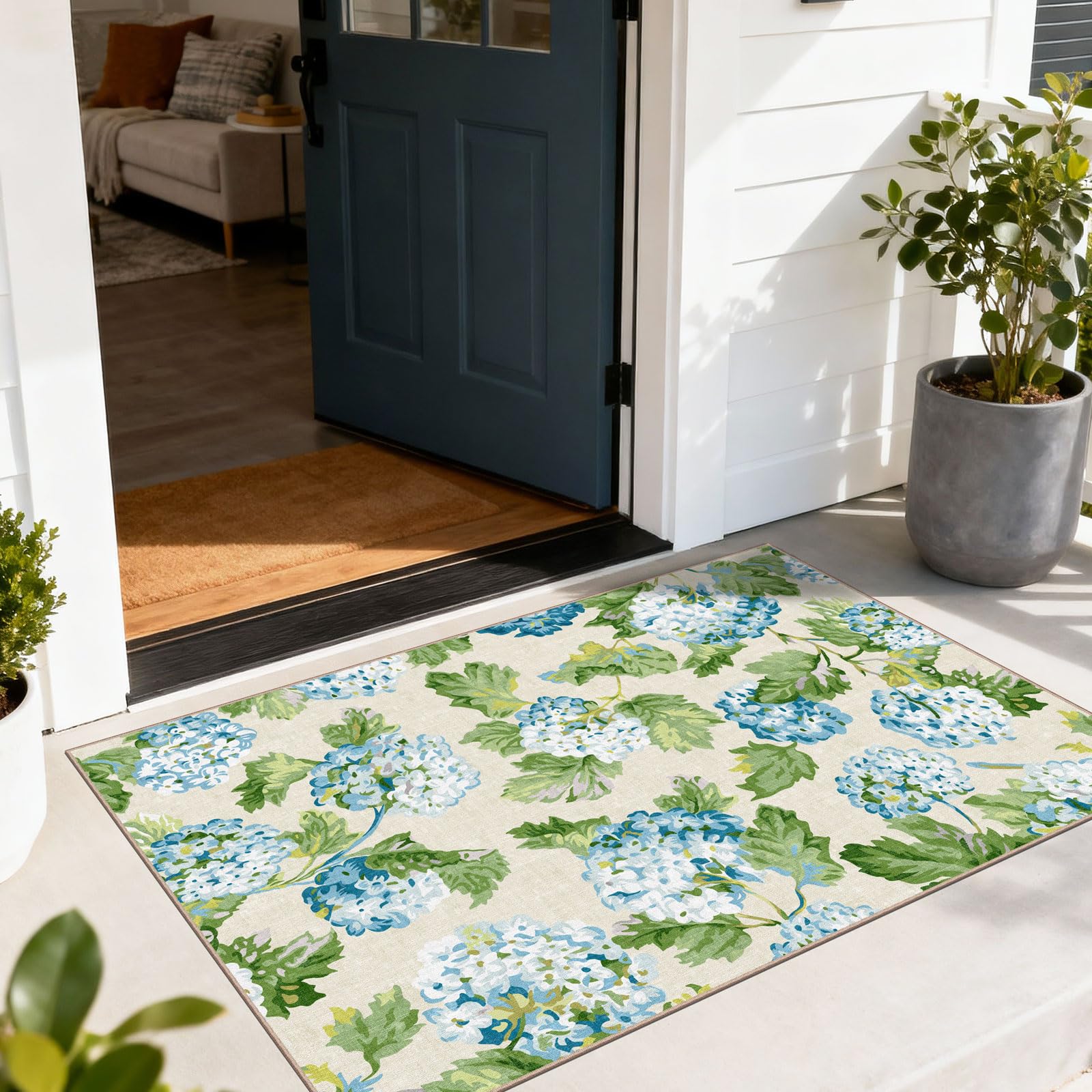 Othilic Floral Outdoor Rug - 28" x 43" Front Door Mat Indoor Outside Entrance Non-Slip Washable Outdoor Mat Light Blue Green Flower Rug for Entryway Kitchen Bedroom Layered Doormat for Front Porch