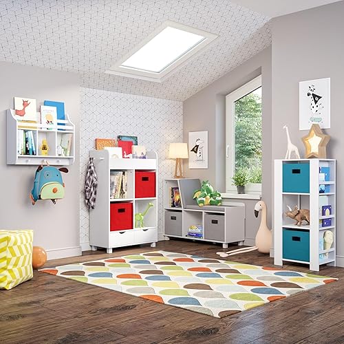 Miniatura 32 de RiverRidge Book Nook Collection Cubbies para niños con banco de almacenamiento de 2 piezas, color blanco con cubos grises Blanco con contenedores