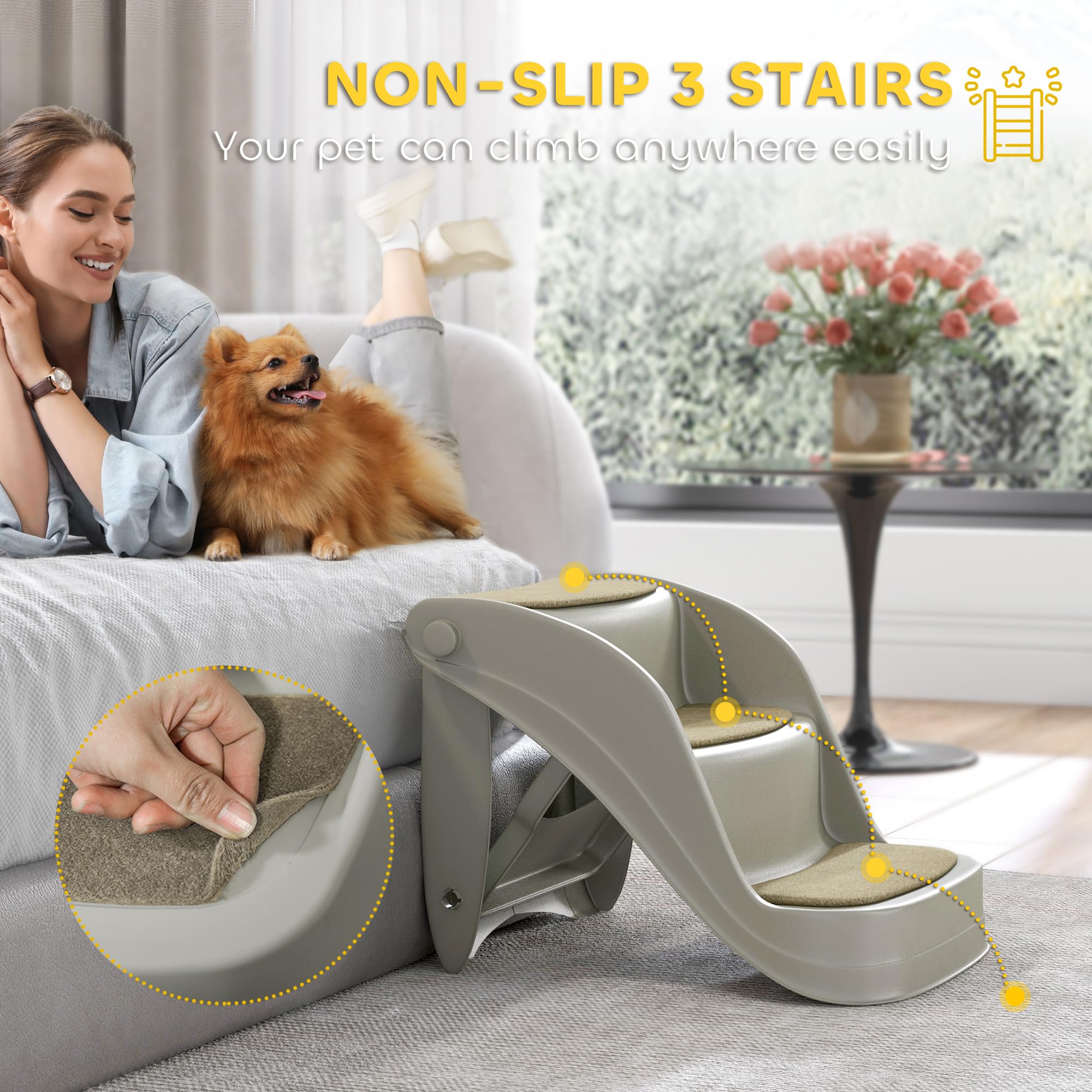 PawHut Escalera plegable para mascotas de 3 peldaños con alfombrillas antideslizantes para perros pequeños, color gris