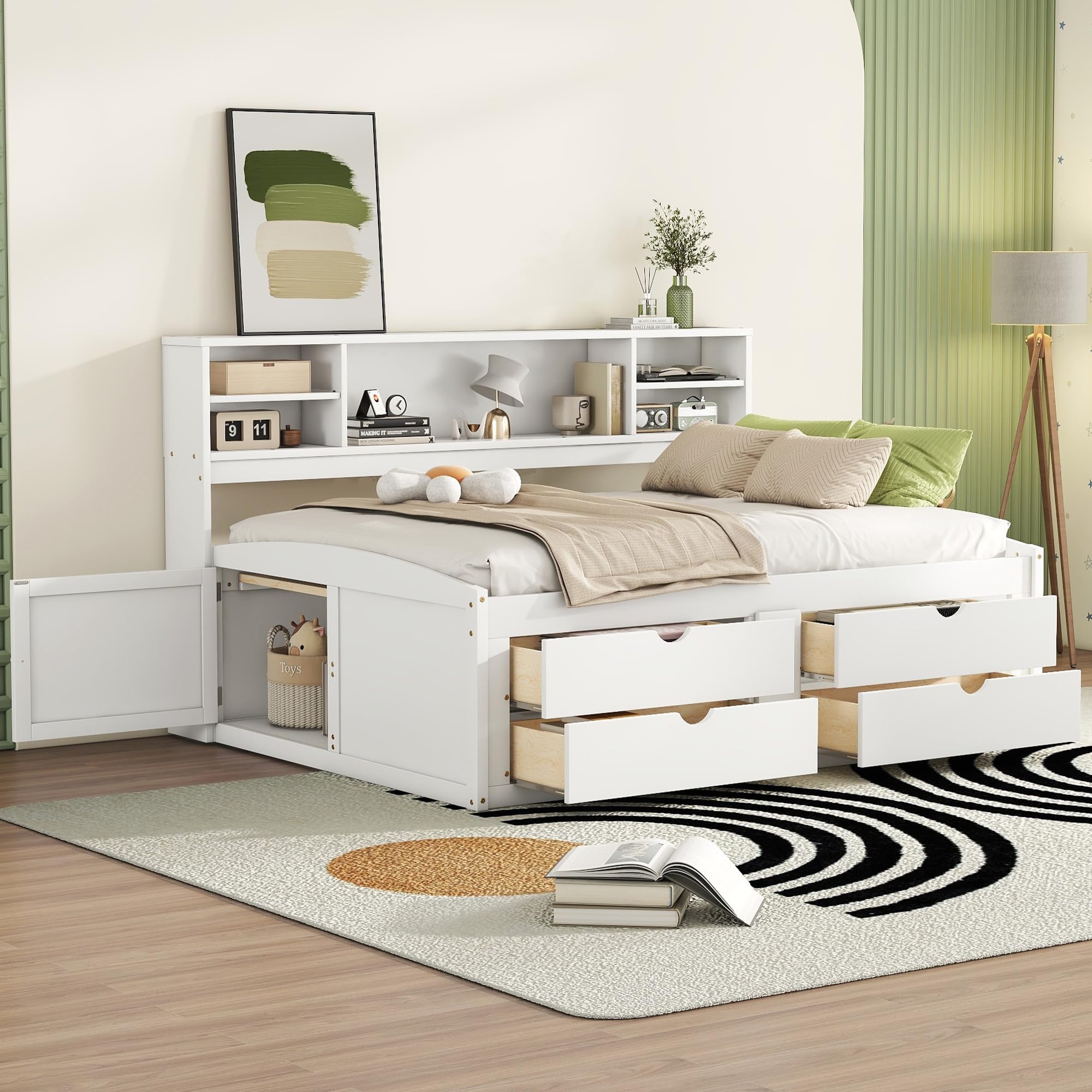 GDFStudio Full Size Daybed with 4 Storage Drawers, Solid Wood Platform Full Bed Frame with Bedside Cabinets and Upper Shelves, Modern Full Bed with Slat Support, No Box Spring Needed, White