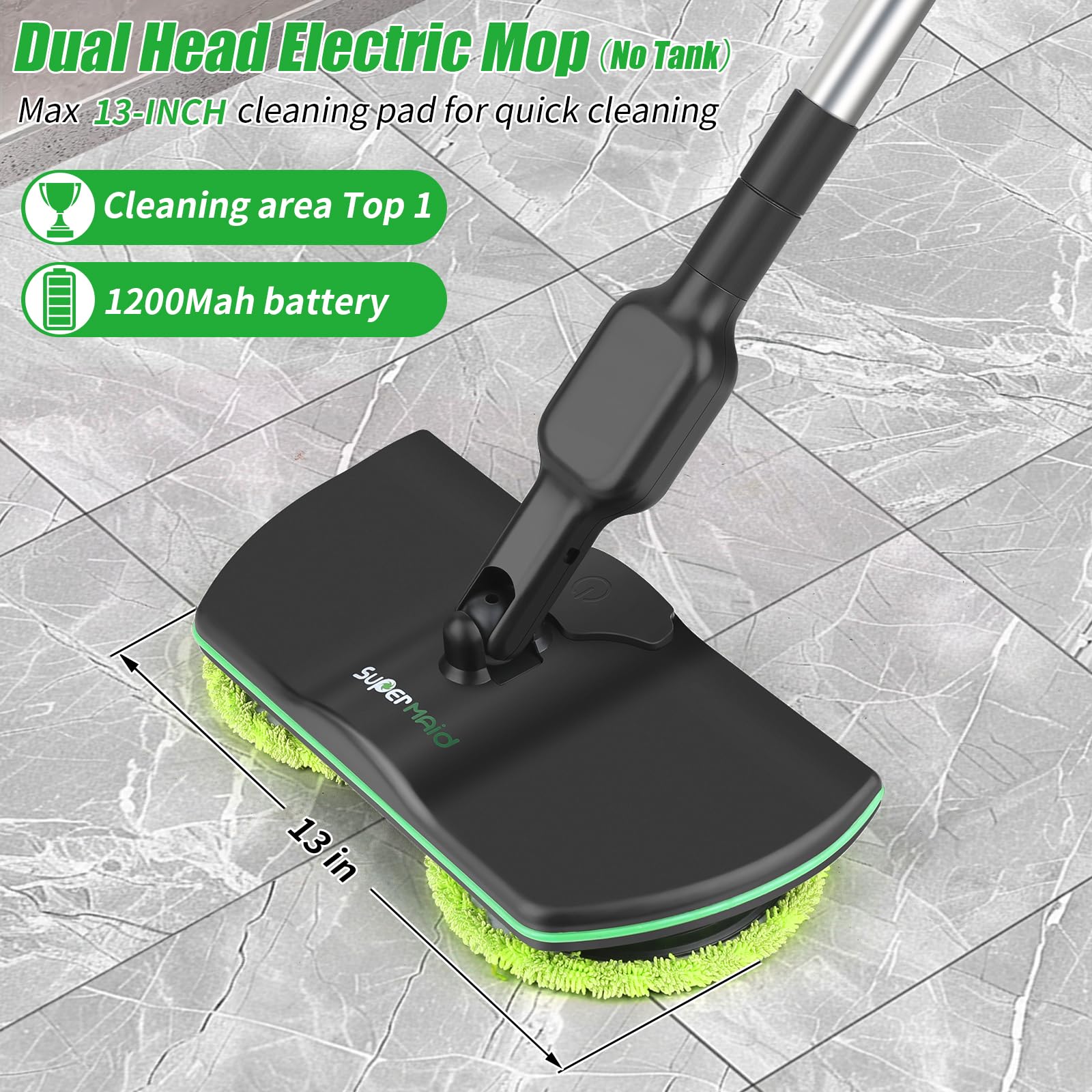 Mocio elettrico senza cordone di rotazione della batteria per pulizia del pavimento, cuscinetto di pulizia a 13 pollici | Design leggero per pavimenti in legno, piastrelle, vinile e laminato; nessun serbatoio dell'acqua integrato