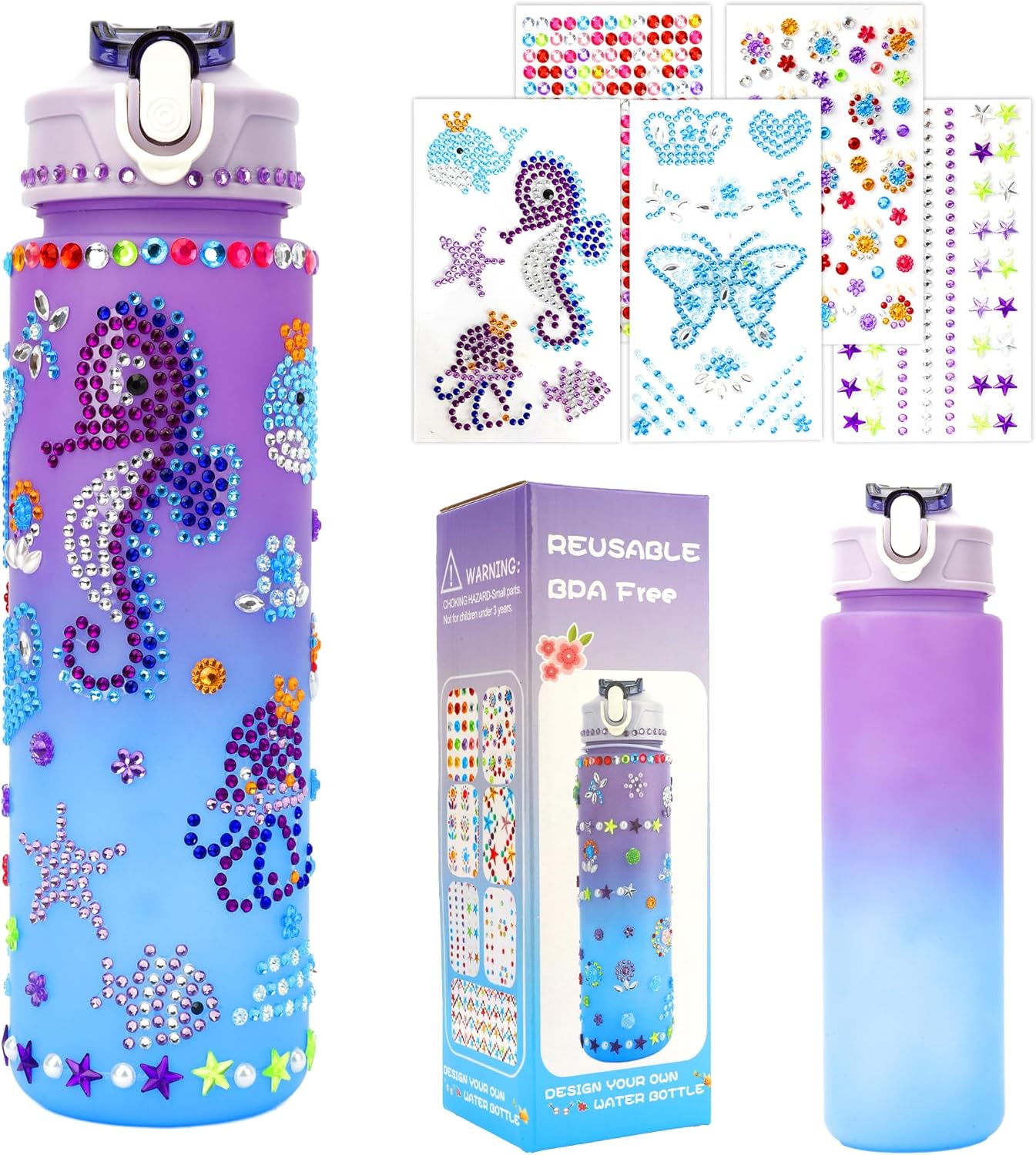 Gifts for Girls 4-12, Decorate Your Own Water Bottle Kits for Kids Age 4-6-8-10, Pink Easter Birthday Gifts for 5 6 7 8 9 10 Year Old Kid, Mermaid Water Bottle Fun DIY Art and Craft Gift Toys for Girl