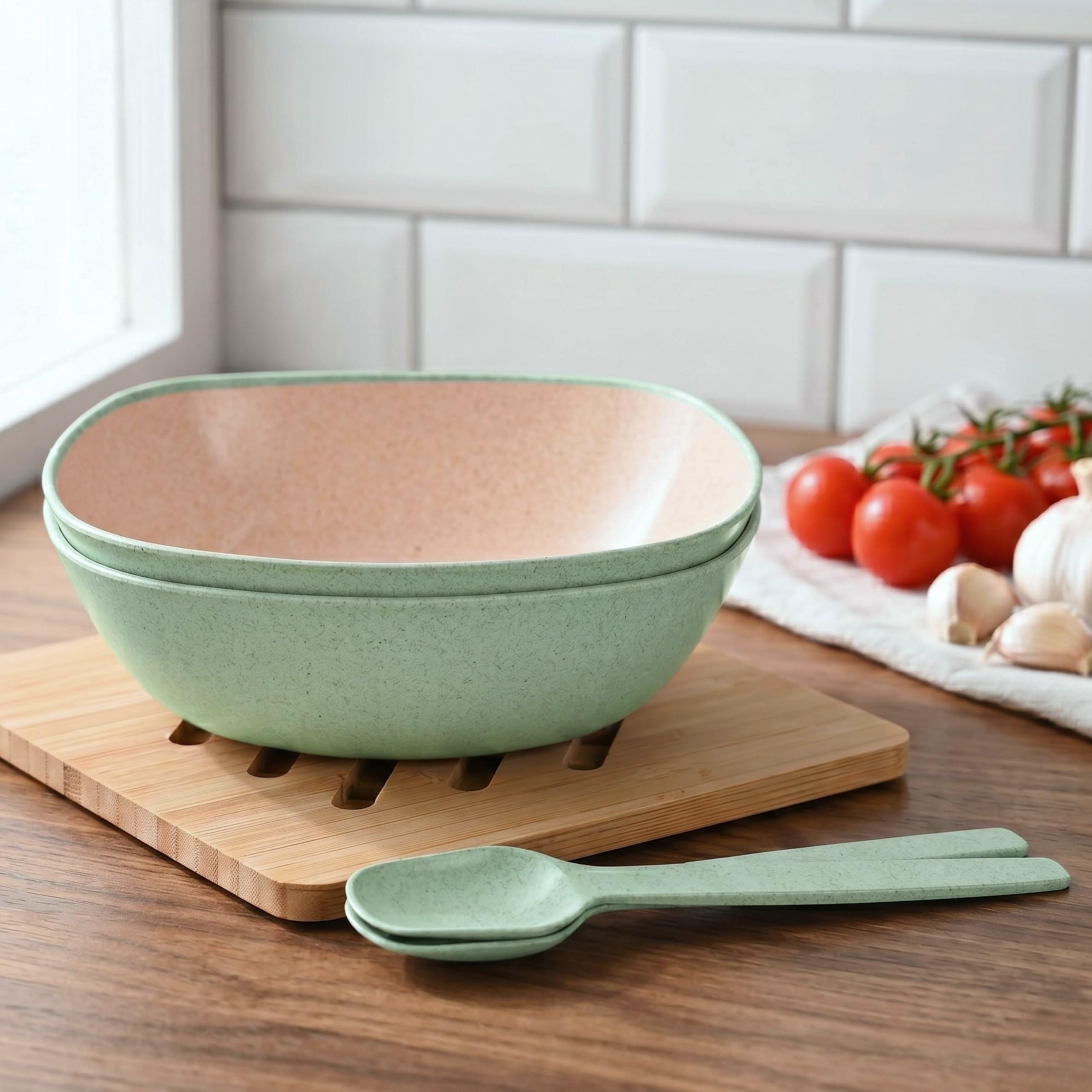Eha Set of 2 Earth-Friendly Multipurpose Bowls for Kitchen with Spoons | 750 ml | Made with Rice Husk Biocomposite| Microwave Safe Bowl | for Hot & Cold Serving Bowl Set | Celeste