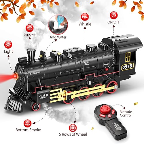 Miniatura 2 de Hot Bee Juego de tren para niños, juegos de trenes de Navidad con control remoto con locomotora de vapor, autos ligeros de pasajeros y pistas,