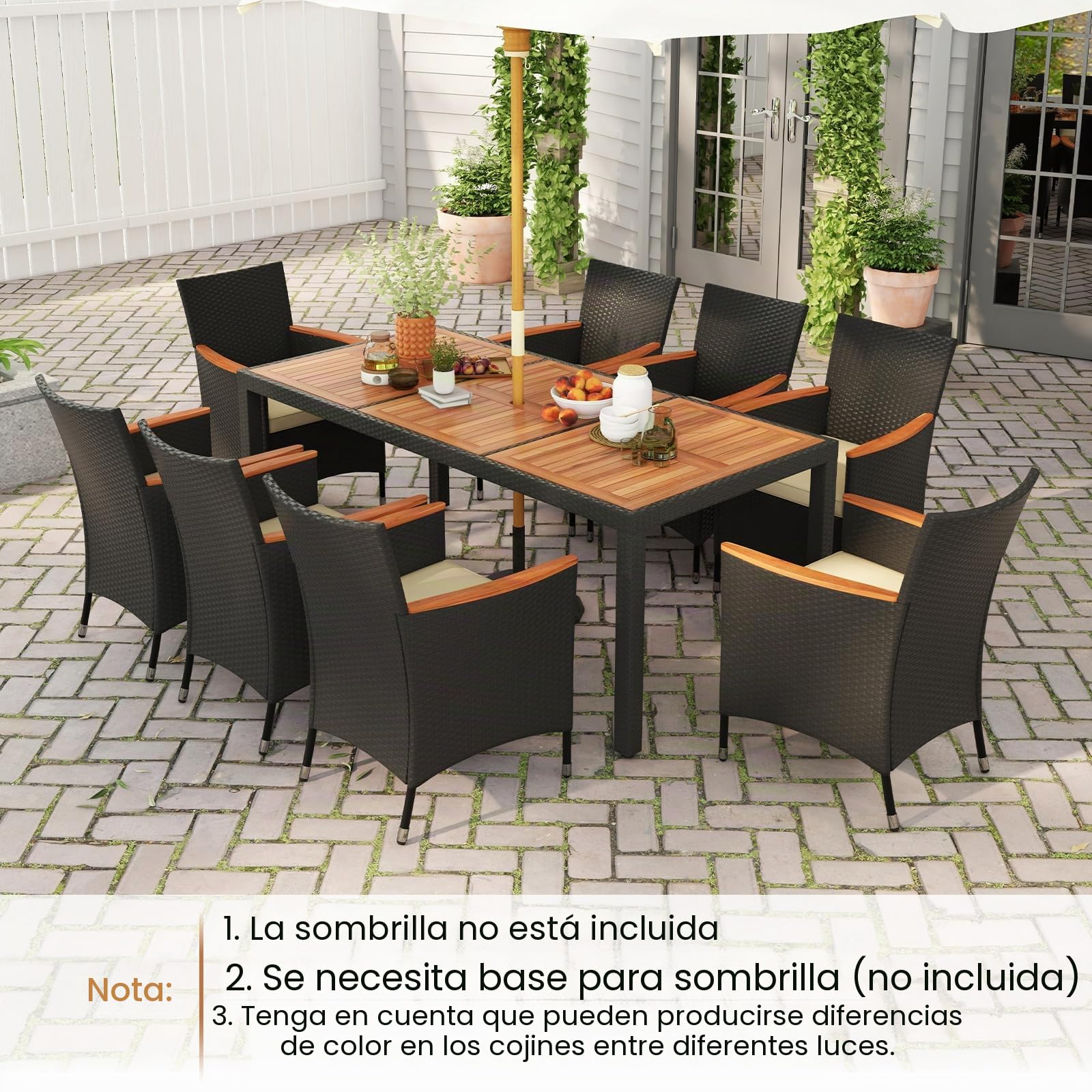 GIANTEX Conjunto de Muebles de Ratán para Jardín, Muebles de Comedor de Ratán, Juego de Muebles, Sillas y Mesa de Acacia para Jardín, Terraza, Patio (Cojín Beige, Mesa+8 Sillas)