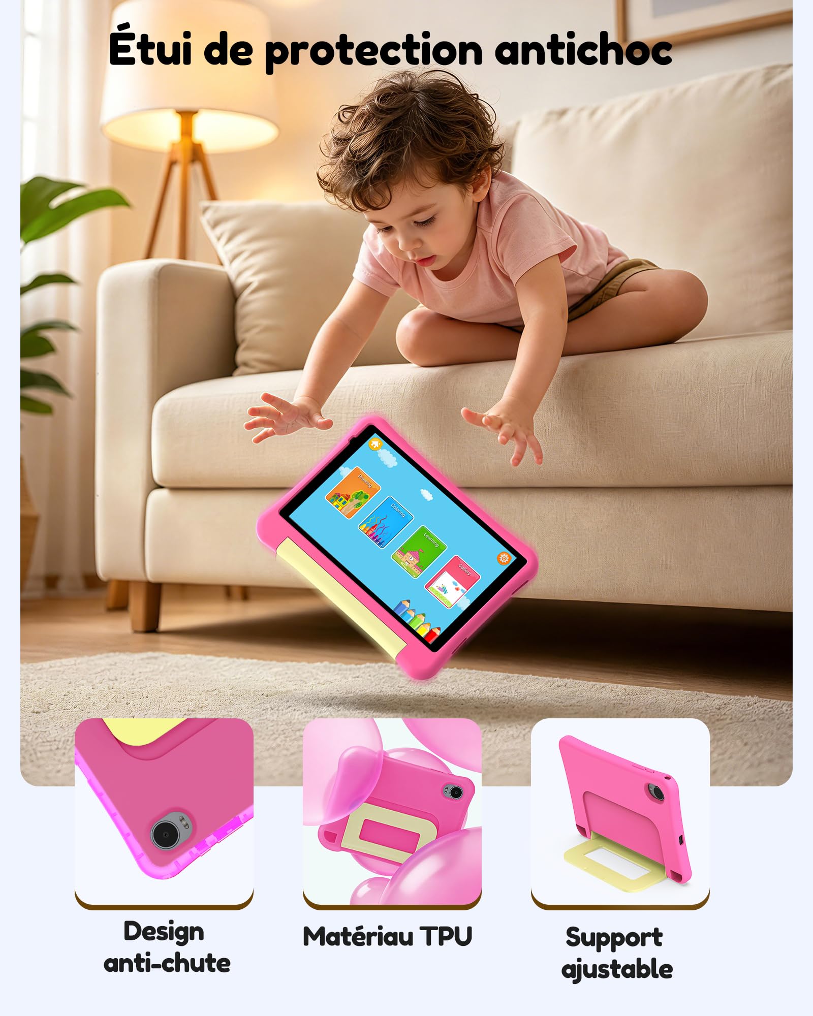 Tablette Enfants 8 Pouces,Avec Contrôle Parental et Coque Antichocs Rose | Tablette Android 15 Éducative pour Enfant de 3 à 12 ans,Avec “iWAWA",5000mAh,32GB ROM,512GB TF,Compatible YouTube Kids