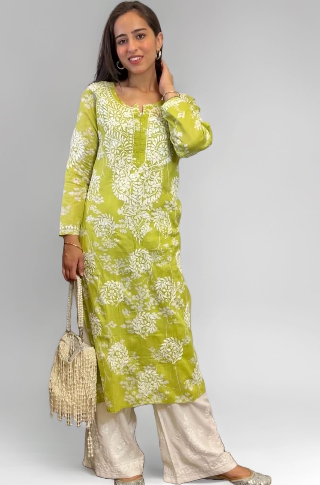 Womens Cotton Blend Straight Fit Chikankari Embroidered Kurta