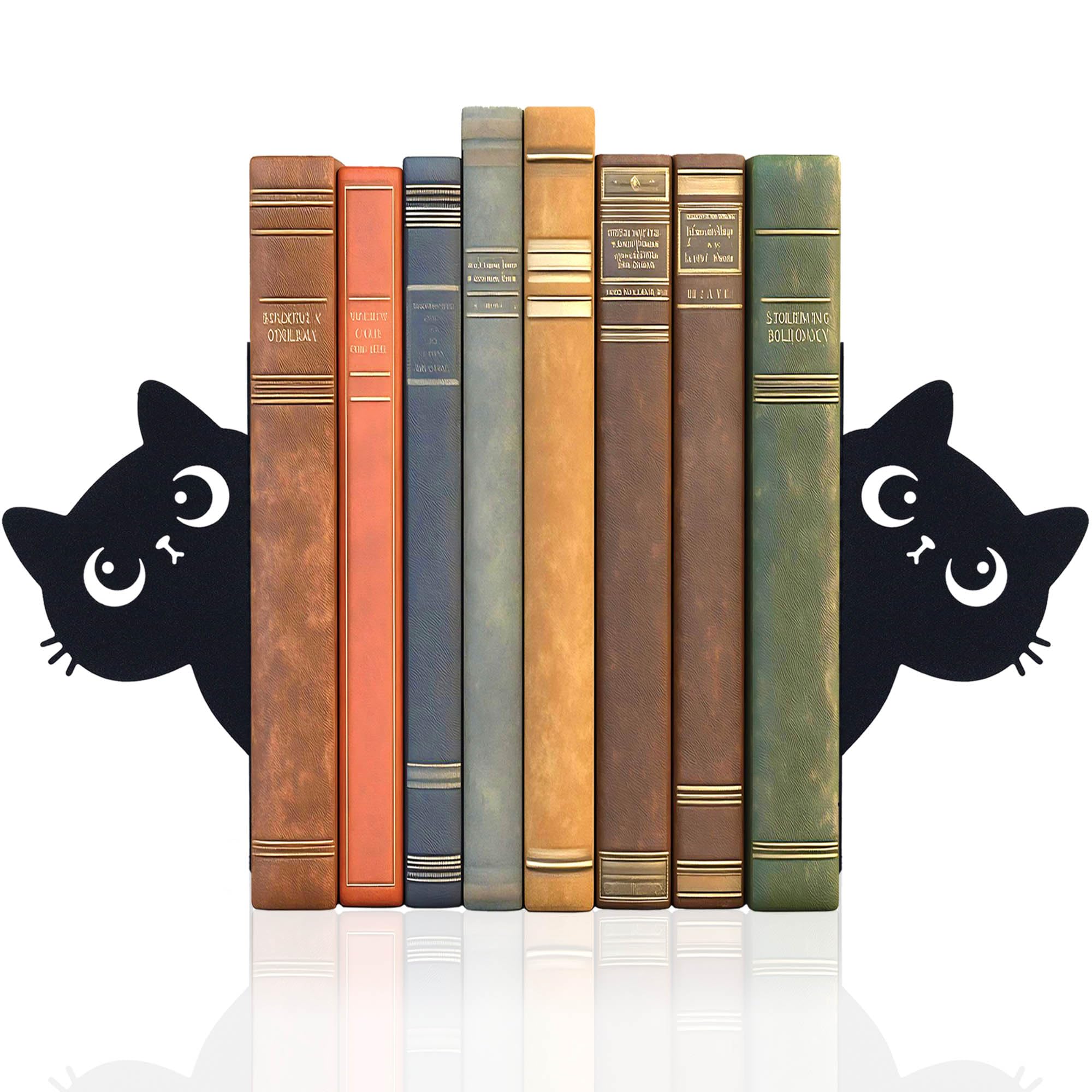Bookends Metal Cat Book Ends, 1 Pairs Cute Bookends for Shelves Decorative for Home Office Desk Bookshelf Decor (Black, Cartoon)