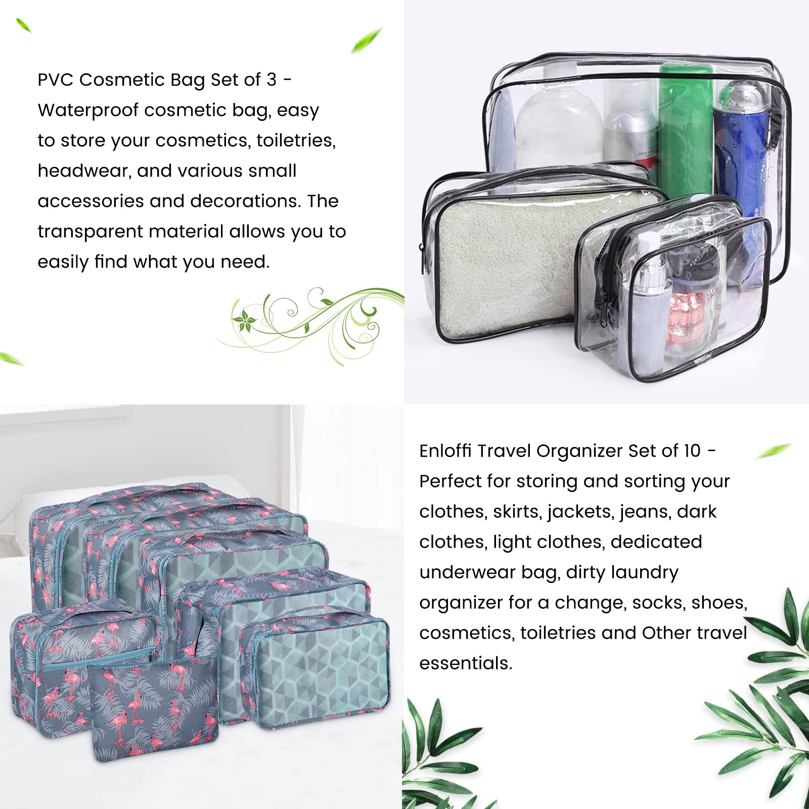 Enloffi Organizer Valigie 10 Pezzi Set Sistema di Cubo di Viaggio Impermeabili Viaggio Accessori Utili per Vestiti Scarpe Biancheria Intima Cosmetici Set di Valigie Portaoggetti, Fenicottero Blu