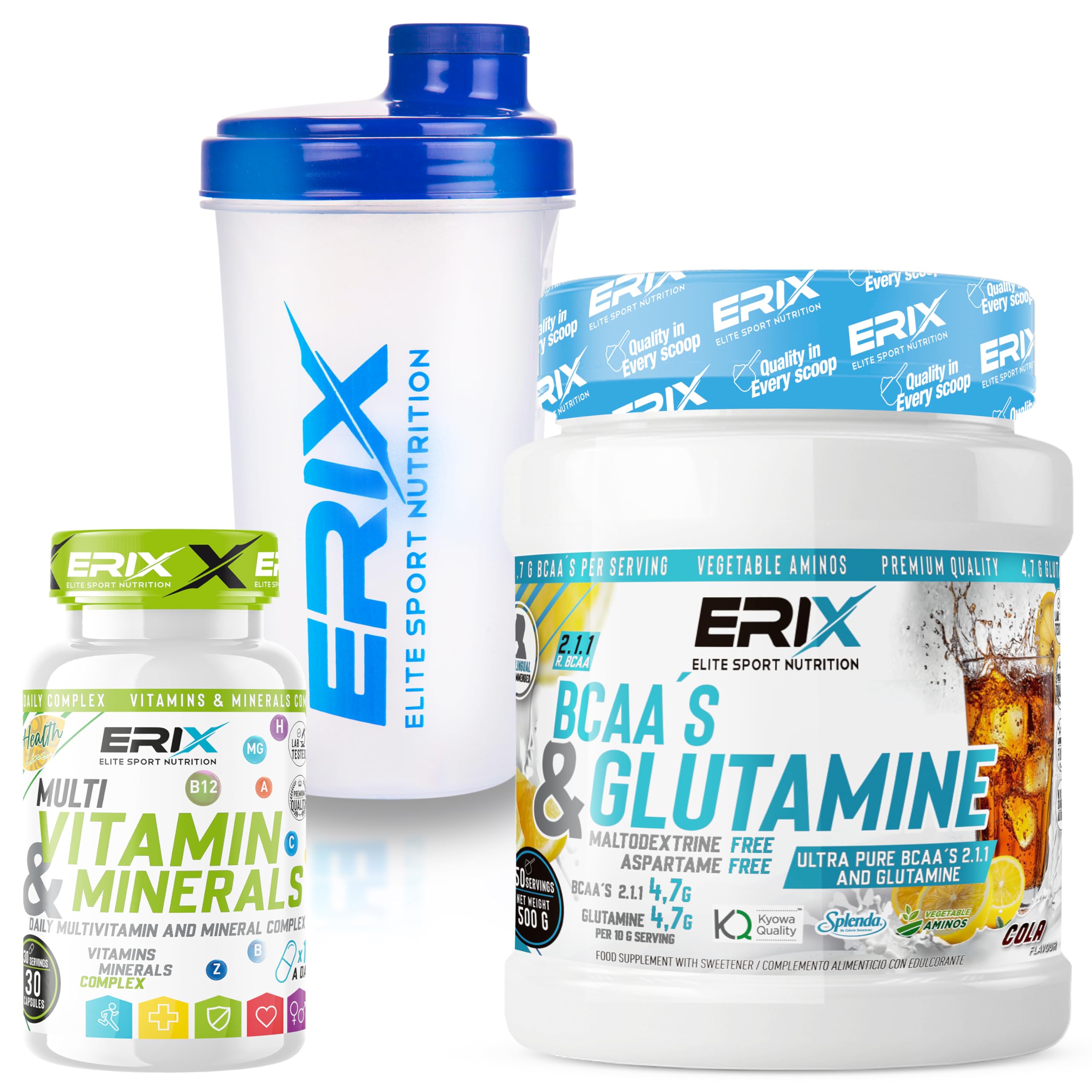 ERIX Nutricion Pack Entrenamiento - BCAA 2:1:1 + Glutamina (500g, Sabor Cola) y Multivitamínico (30 Cáps) - Incluye Shaker 700ml de Regalo - Recuperación Muscular y Vitalidad