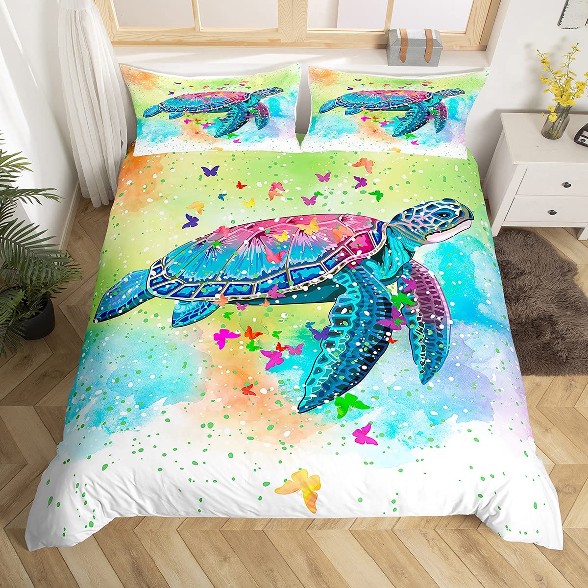 Feelingyou Watercolor Turtle Sea Turtle Bedding Set King Size,Watercolor Tortoise Butterfly Duvet Cover Set For Children Xmas Bedroom Present, Girly Dreaming Style Microfiber Comforter Cover With 2 Pillowcases