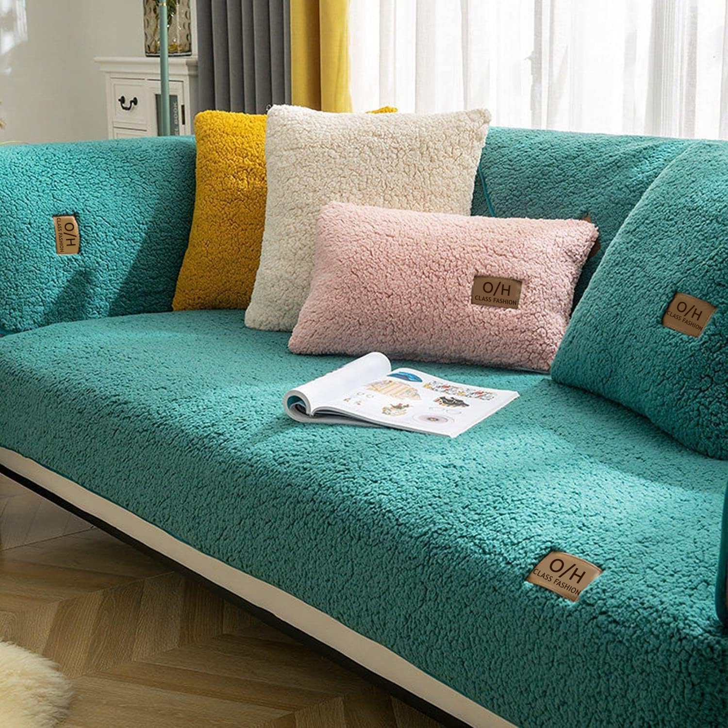 Lingky Green Soft Sherpa Fleece Sofa Covers, Sofa Cushion Covers, Non-Slip Sofa Cover 1 2 3 Seater Couch Covers For Sectional Sofa, Sofa Slipcovers L Shape Furniture Protector (,70X180cm)