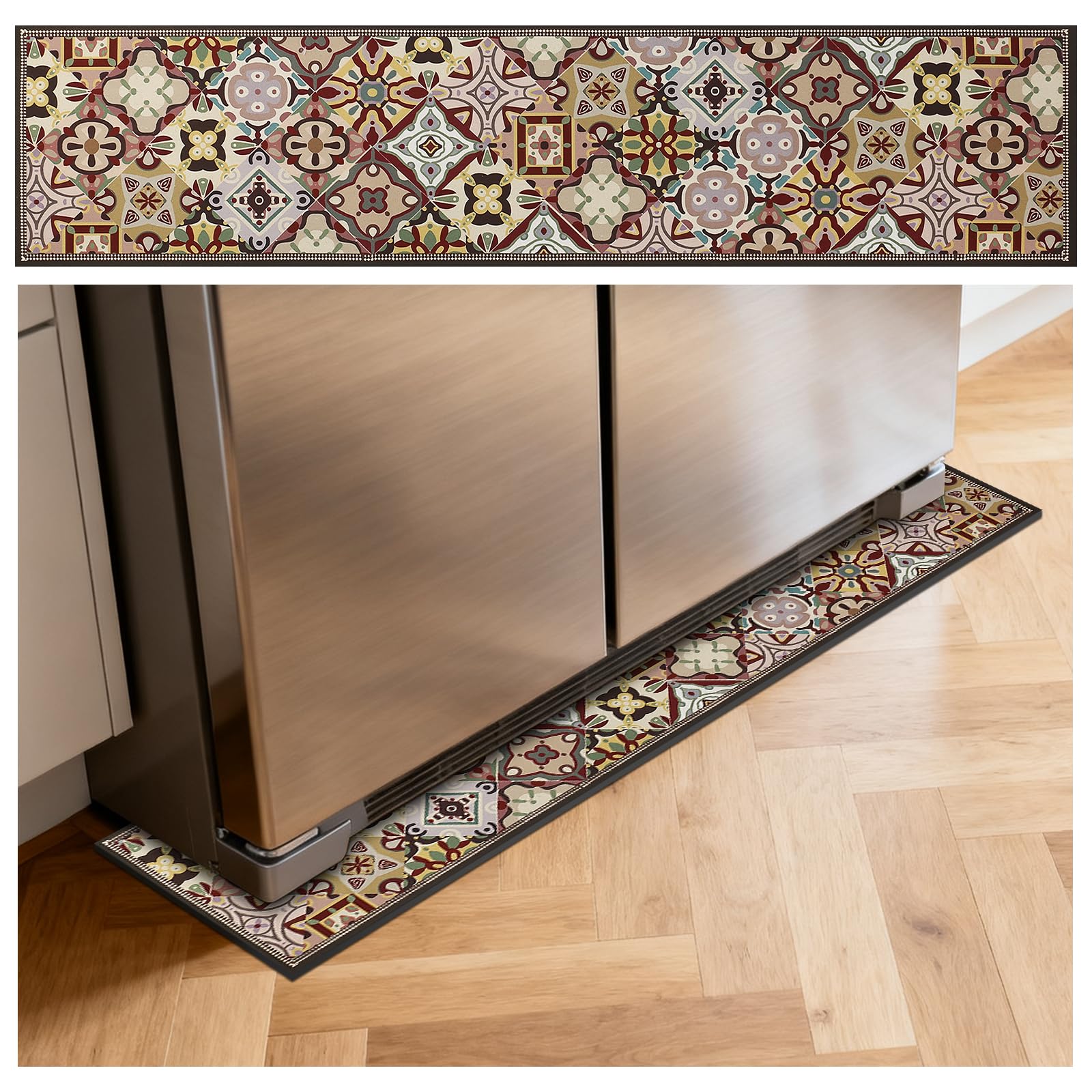 Fridge Mat - 9.1" x 38.6"Refrigerator Mats with Water Absorbent, Leak-Proof Rubber Backing, Easy to Clean, Bohemian Design, Protect Floors from Spills (Bohemian)