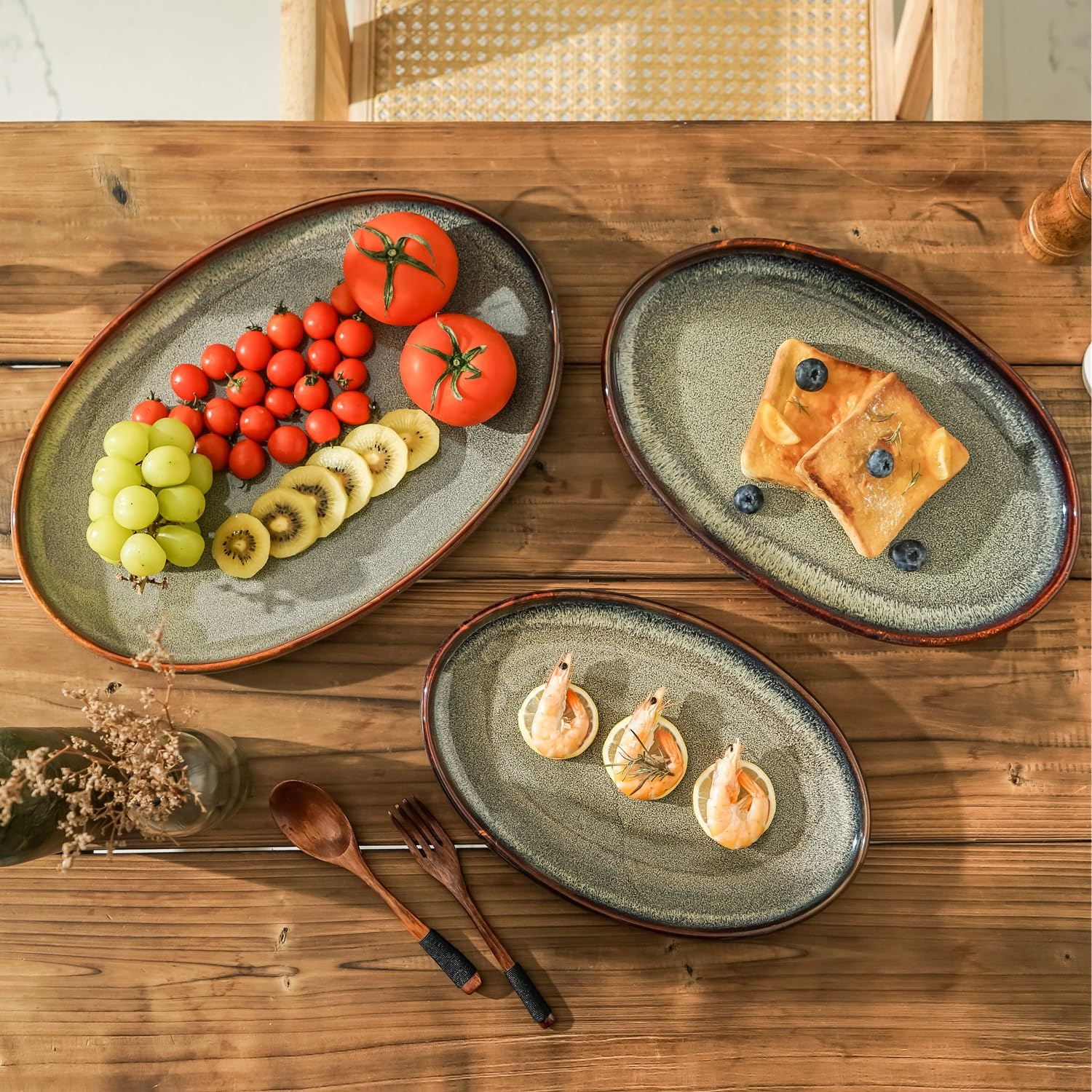 Platos grandes de cerámica para servir, juego de 3 platos ovalados para entretenimiento. Platos de cocina modernos para cena, fruta, ensalada, pavo, etc. Apto para horno, lavavajillas, 15.75