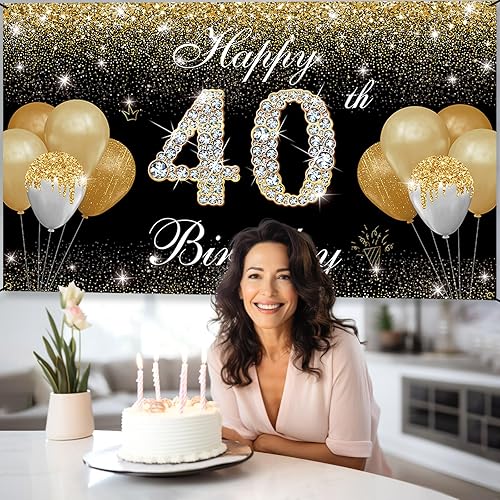 Miniatura 3 de Decoraciones de feliz cumpleaños 40 para hombres y mujeres, pancarta de fondo de cumpleaños número 40 negro y dorado, cartel de patio, accesorios de