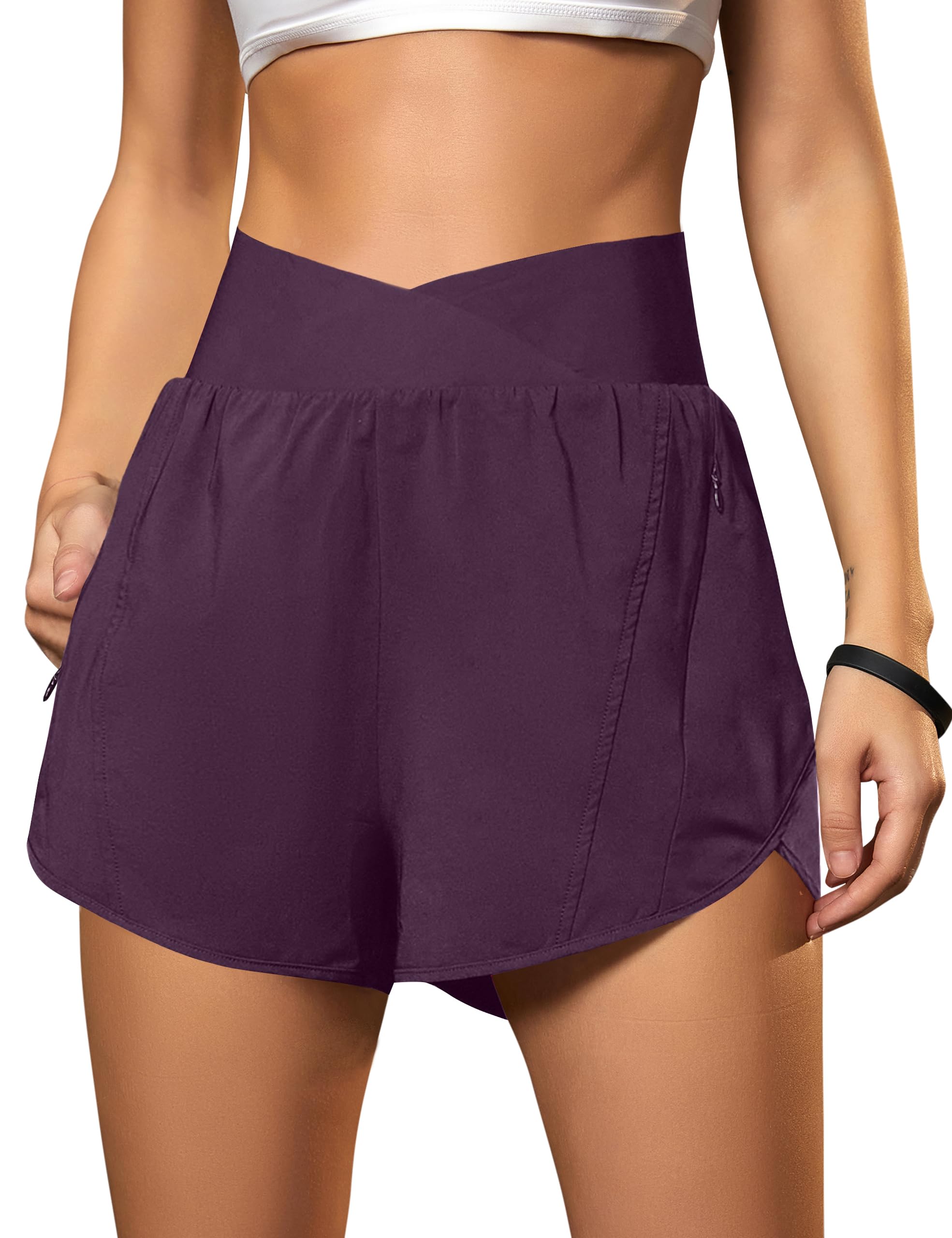 Blooming Jelly Women's Workout Shorts Athletic Running Shorts Crossover High Waisted Gym Shorts with Zipper Pockets