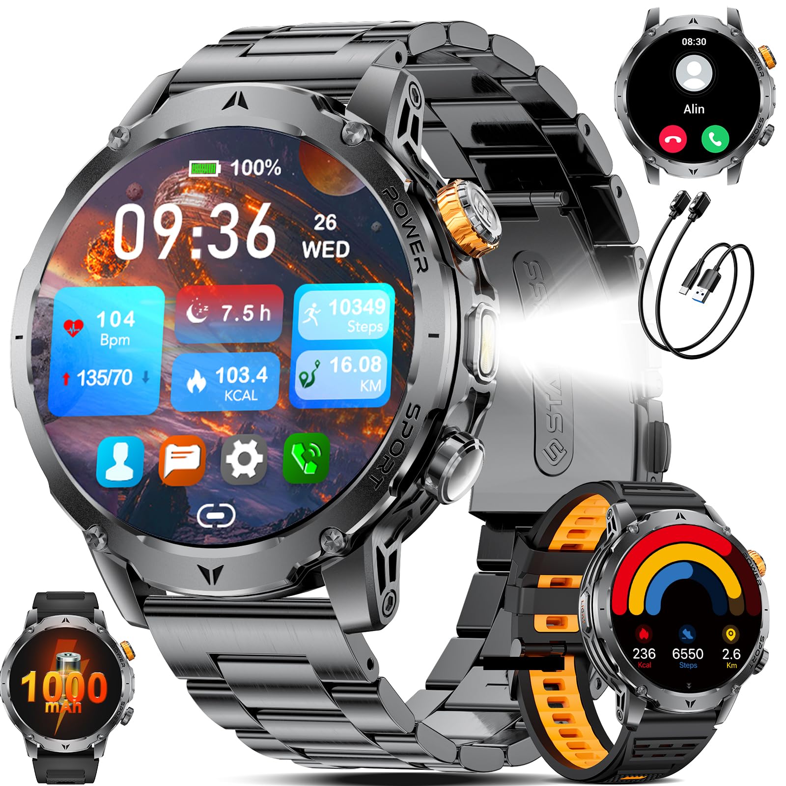 SUNKTA Smartwatch Herren Militär 1000 mAh großer Akku 1,7″ HD Bluetooth Anrufe Smartwatch für iOS Android Fitnessuhr,Herzfrequenz/Schlafmonitor/Schrittzähler,3 Armbänder,Kalorien,Grau Sportuhr