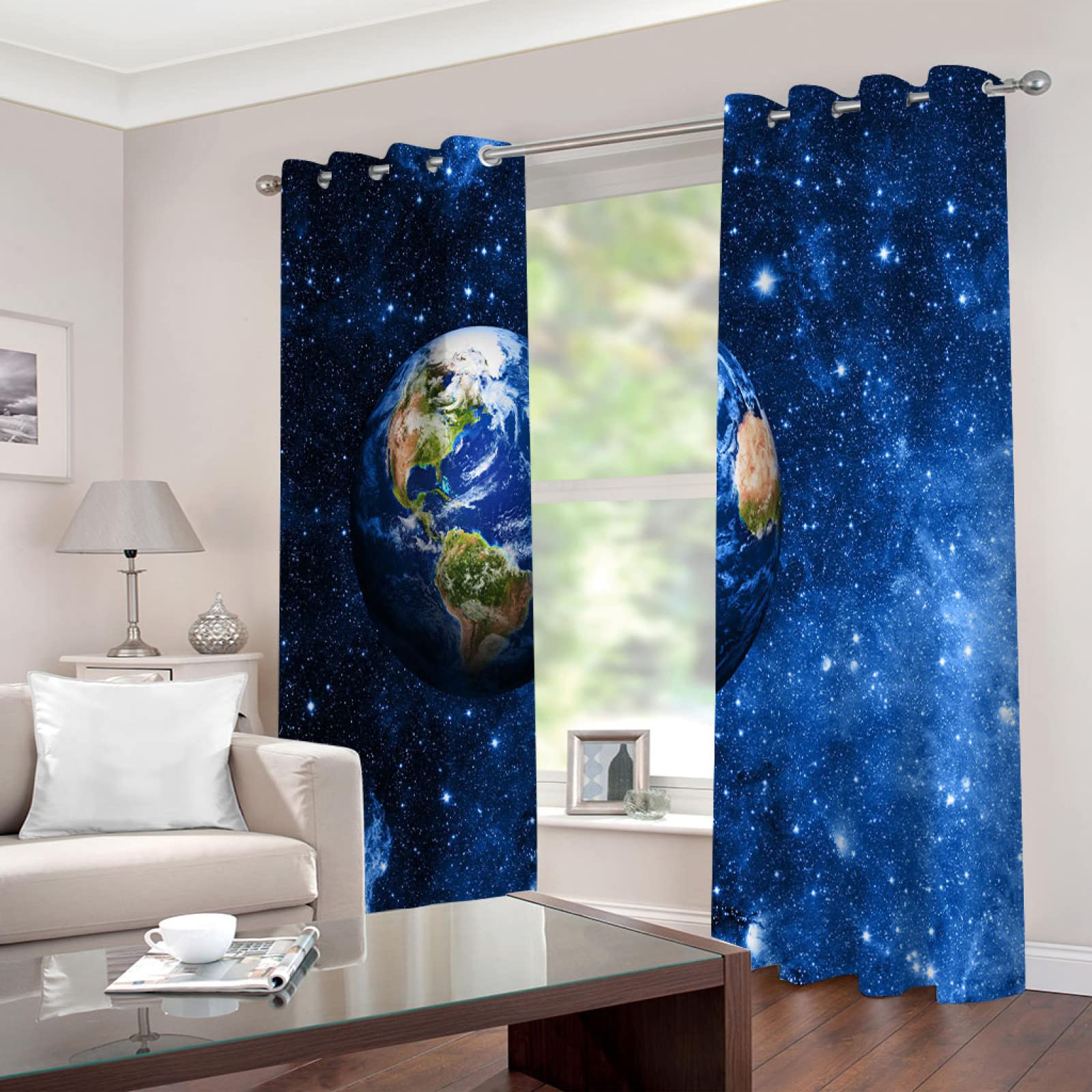 POGIB Rideaux Thermiques Isolants Occultants Anti Froid Anti Chaleur 3D Planète Étoilée Bleue Motif 200X214Cm Lot De 2 Rideaux Salon Cuisine Chambre Enfant Adulte Rideaux Occultants À Oeillets