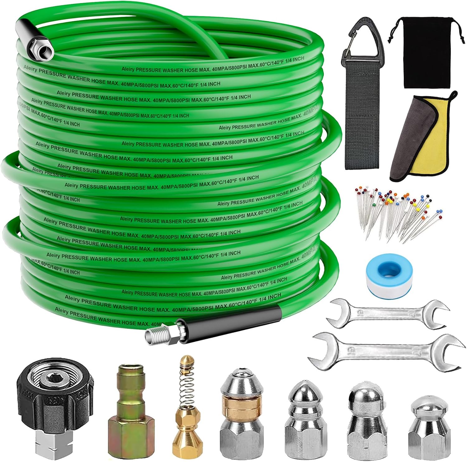 Sewer Jetter Kit for Pressure Washer,Water Jet Drain Cleaning Hose with Corner Rotating Button Spring Nose 1/4" NPT Sewer Cleaning Tool High-Pressure Nozzles,5800 PSI 100 FT