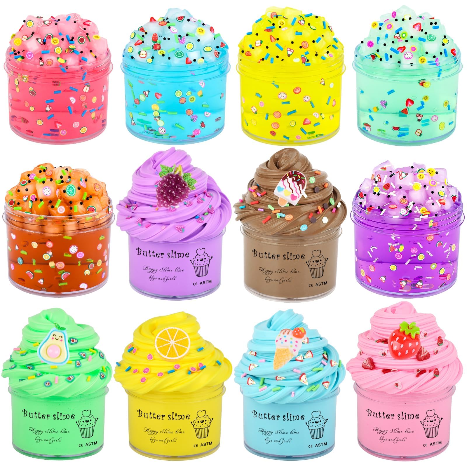 12 Pack Scented Slime Kit, Birthday Gift for Kids, 6 Pack Crystal Slime, 6 Pack Butter Slime, Non-Sticky, Super Soft DIY Stress Relief Toy, Party Favors for Girls & Boys