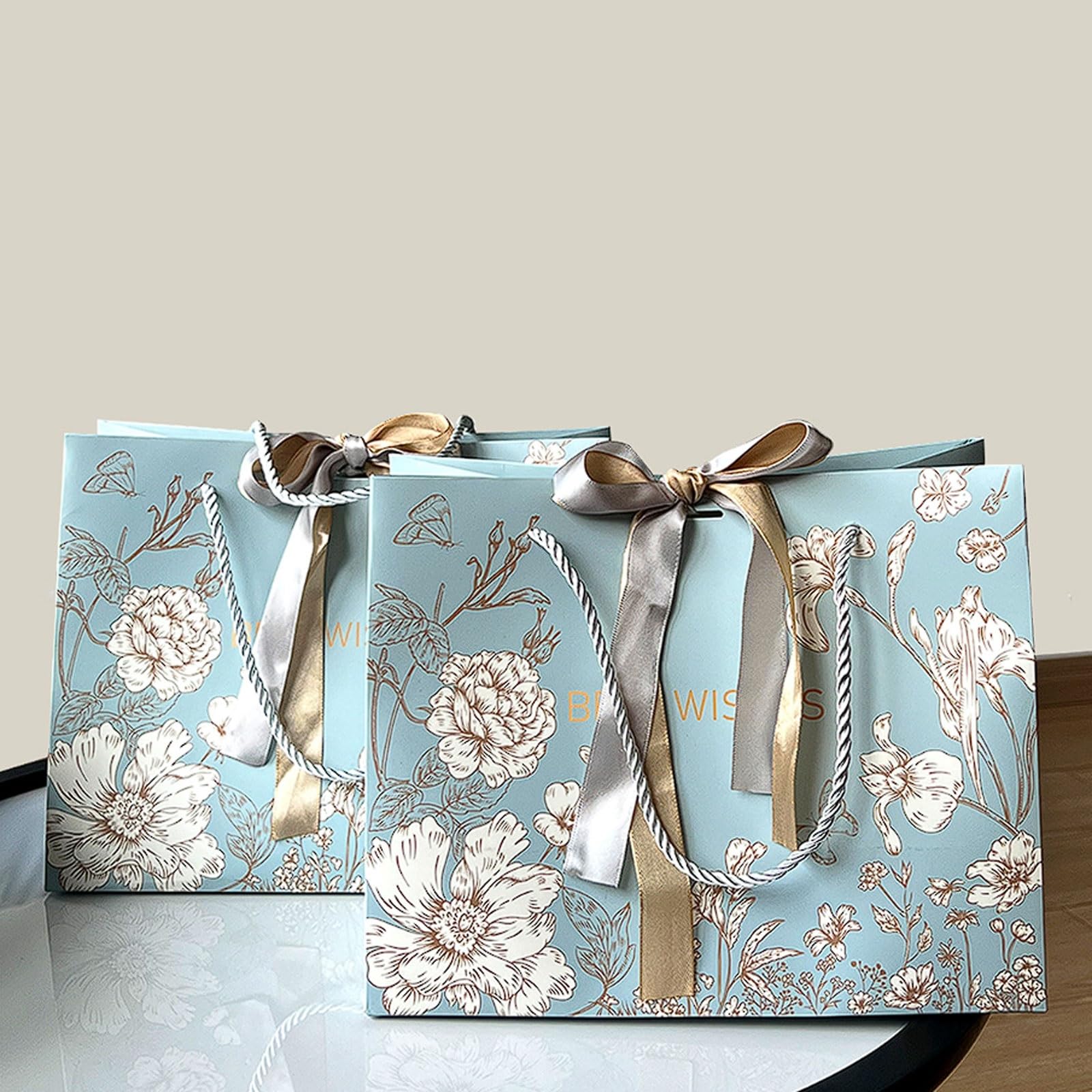 Bolsas de papel con lazo azul (paquete 20 por tamaño), asa cinta gruesa, for tiendas ropa, embalajes minoristas y cumpleaños(M)