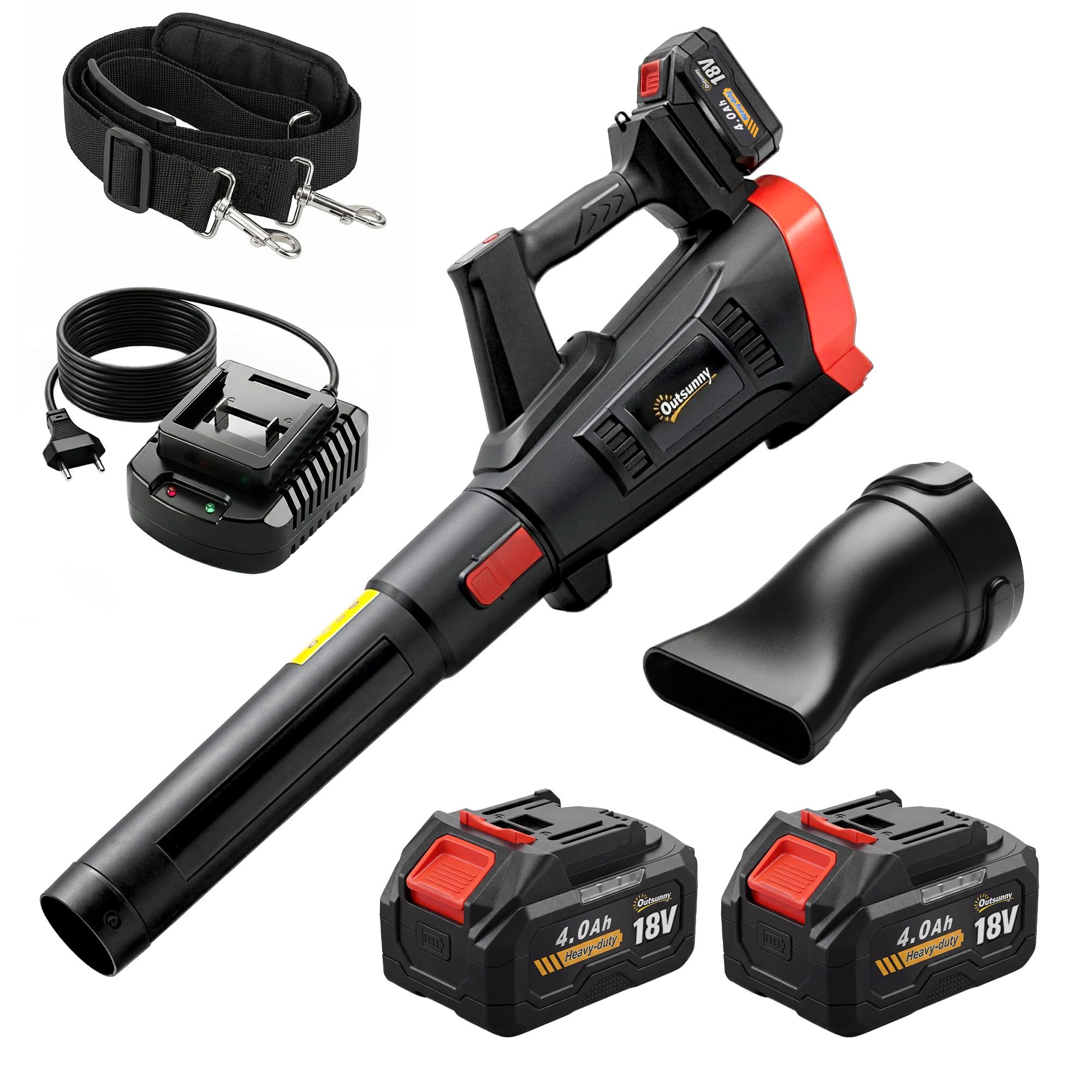 Outsunny Soplador de Hojas sin Cable 18V con 2 Baterías 4.0Ah y Cargador | Motor Sin Escobillas 600W, 3 Velocidades, Correa Hombro, 149 km/h, Soplador Batería Ligero para Hojas, Nieve y Residuos