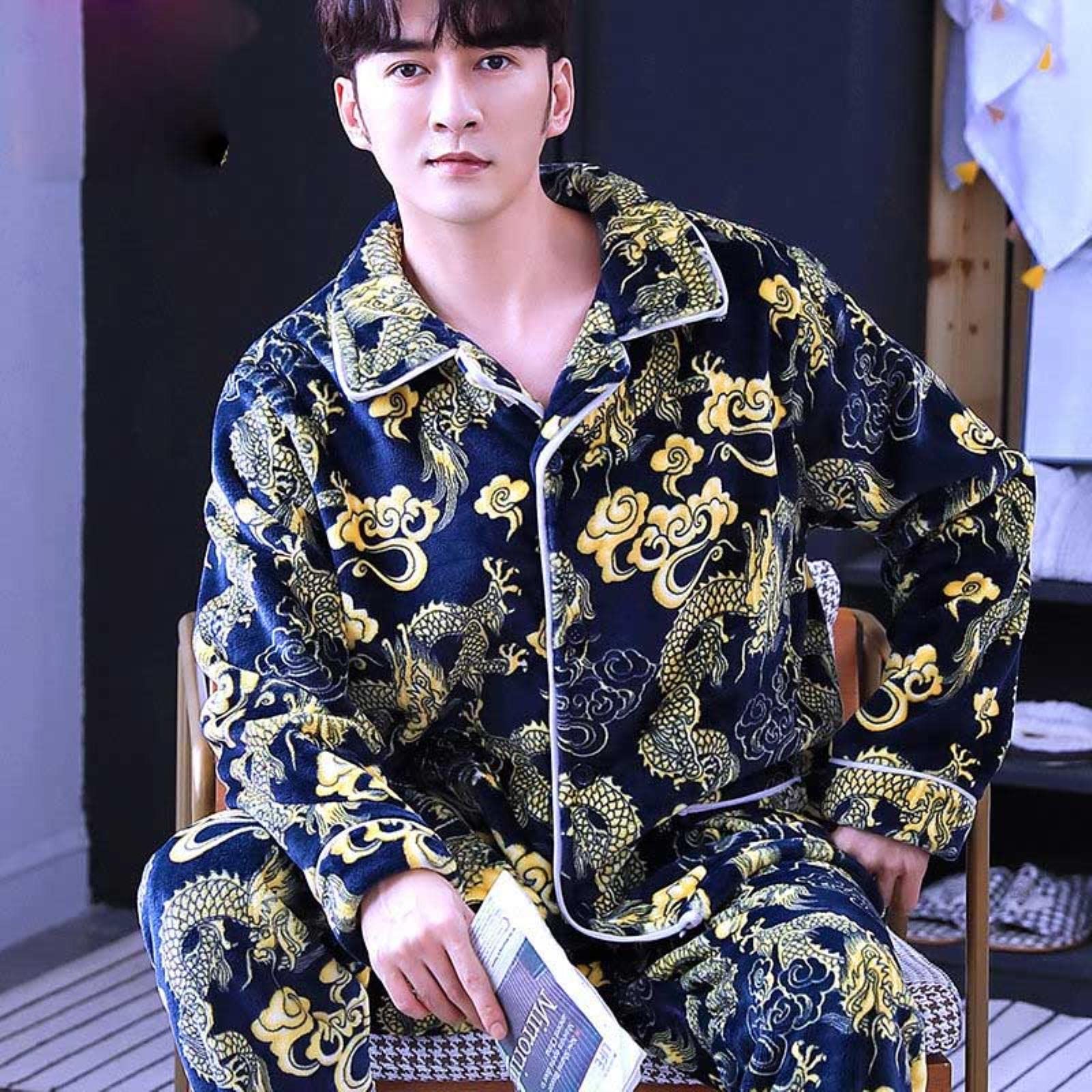 Uomini in pile di corallo set pigiama set autunno inverno morbido addensato cartone animato stampato in flanella sleep abbigliamento 2pcs/set top + pantaloni caldi abiti da casa-T,XXL(75-85KG)
