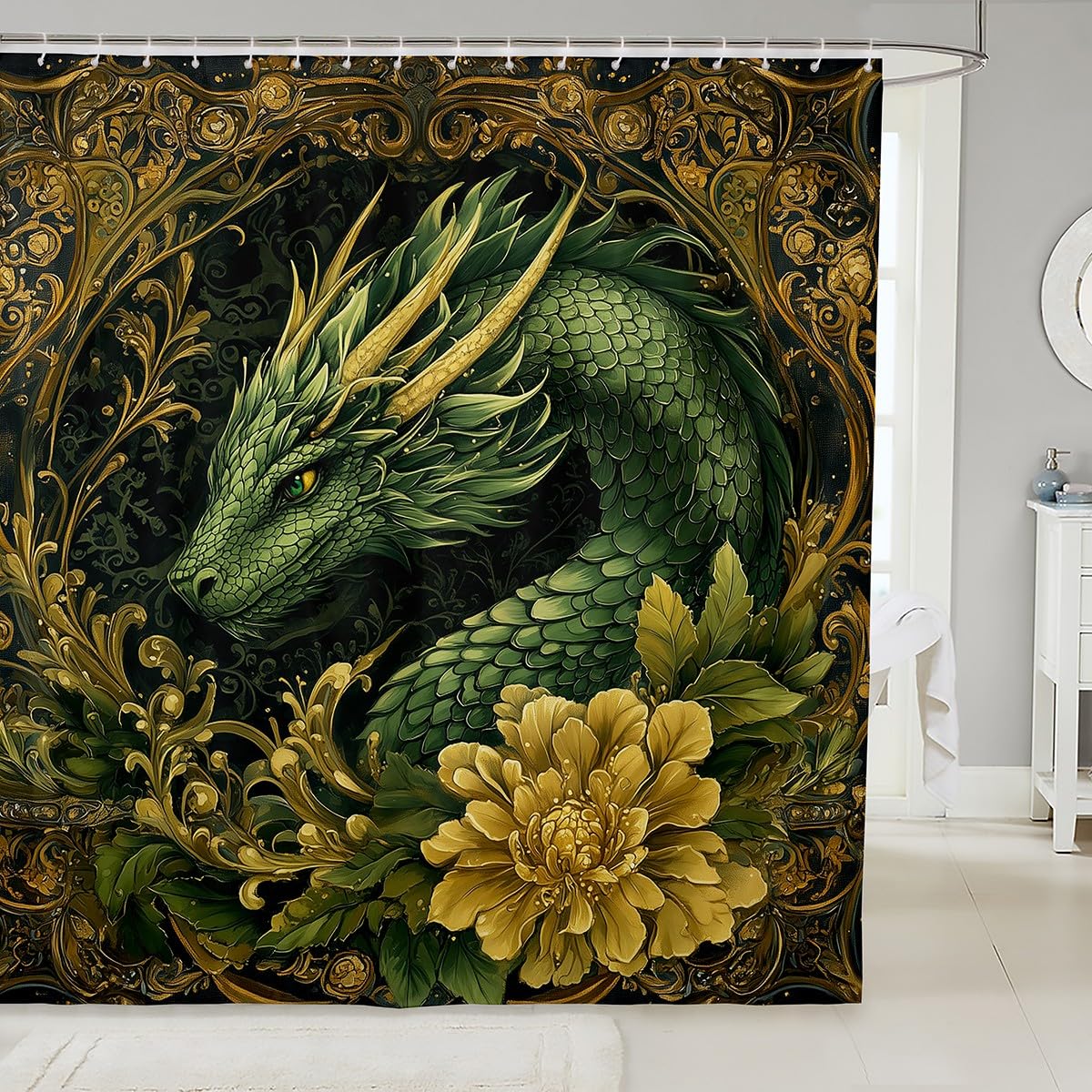 Magical Dragon Shower Curtain 72" W x 72" L Mysterious Style Exotic Western Dragon Animal Bathroom Curtain for Kids Teens Adults Retro Flower Spiral
