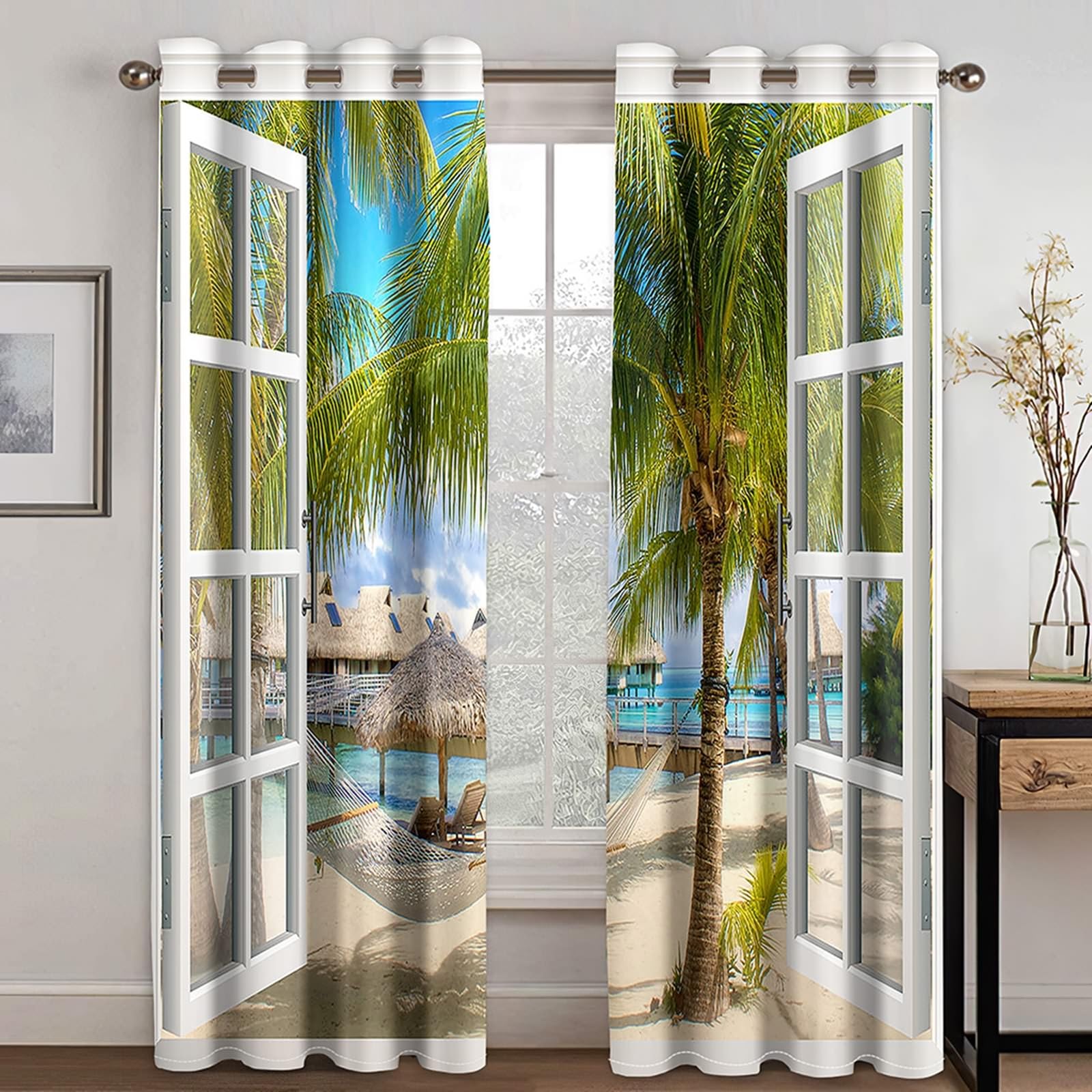 Zasłony zaciemniające o długości 244 cm, zasłony zaciemniające do pokoju, 2 zestawy paneli 52 szer. x 246 cm dł. okna, plaża, palma kokosowa i domy wakacyjne, zasłony termiczne do sypialni