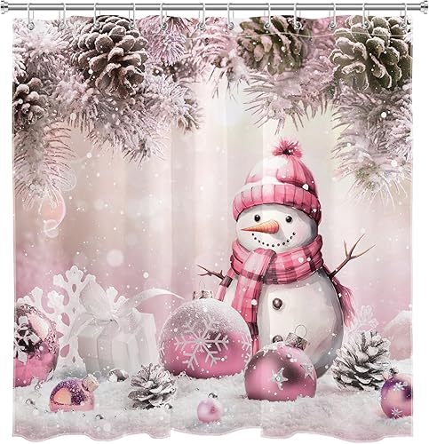 Miniatura 4 de EOBTAIN Juego de cortinas de ducha de muñeco de nieve de invierno, ramas de pino y bolas de Navidad rosas en la nieve, juego de cortinas de baño,