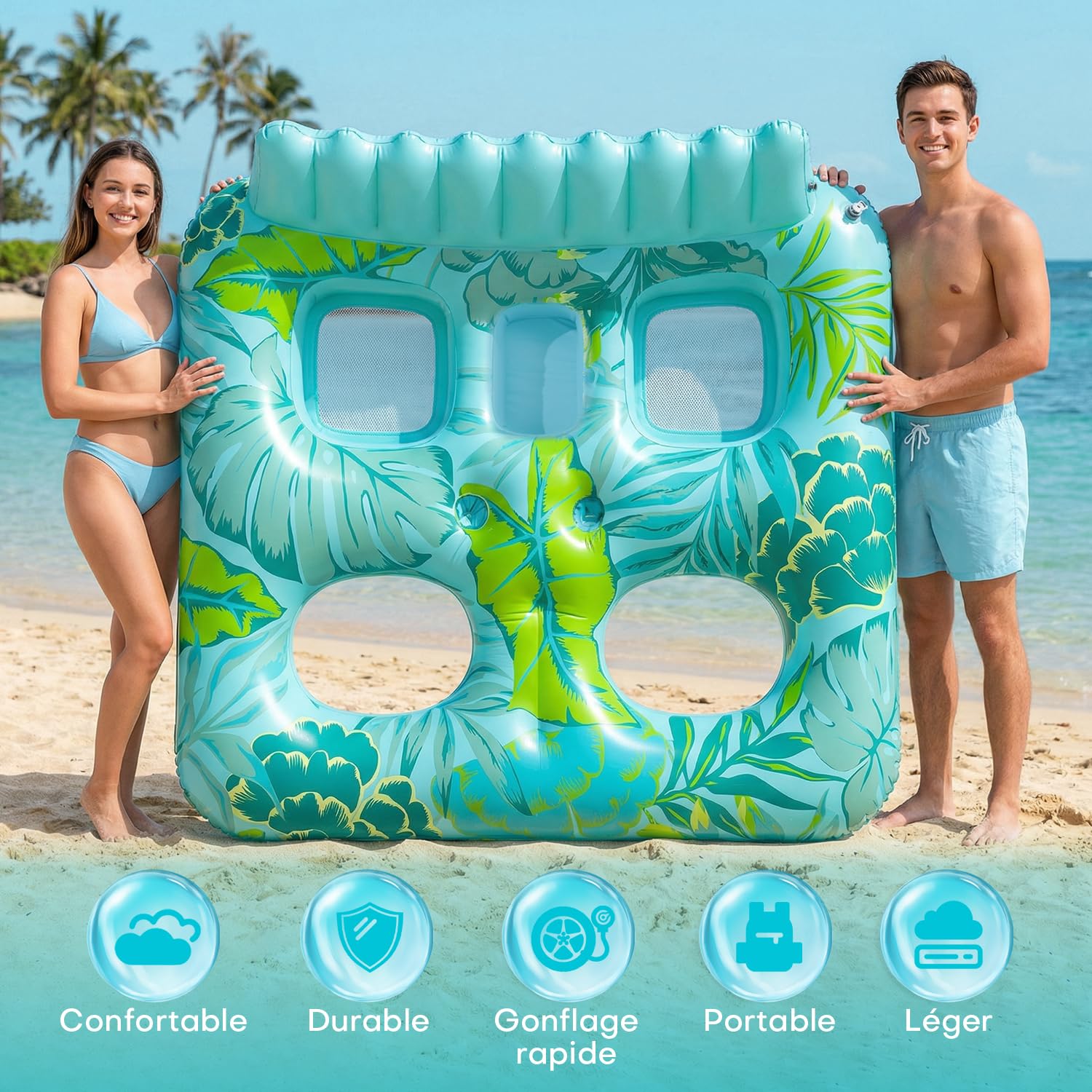 SOLAVERO Materassino Gonfiabile Piscina, 180 × 156 cm Lettino Gonfiabile Piscina 2 Posti con Portabevande e Poggiatesta, Materassino Abbronzante per Spiaggia e Acqua Festa