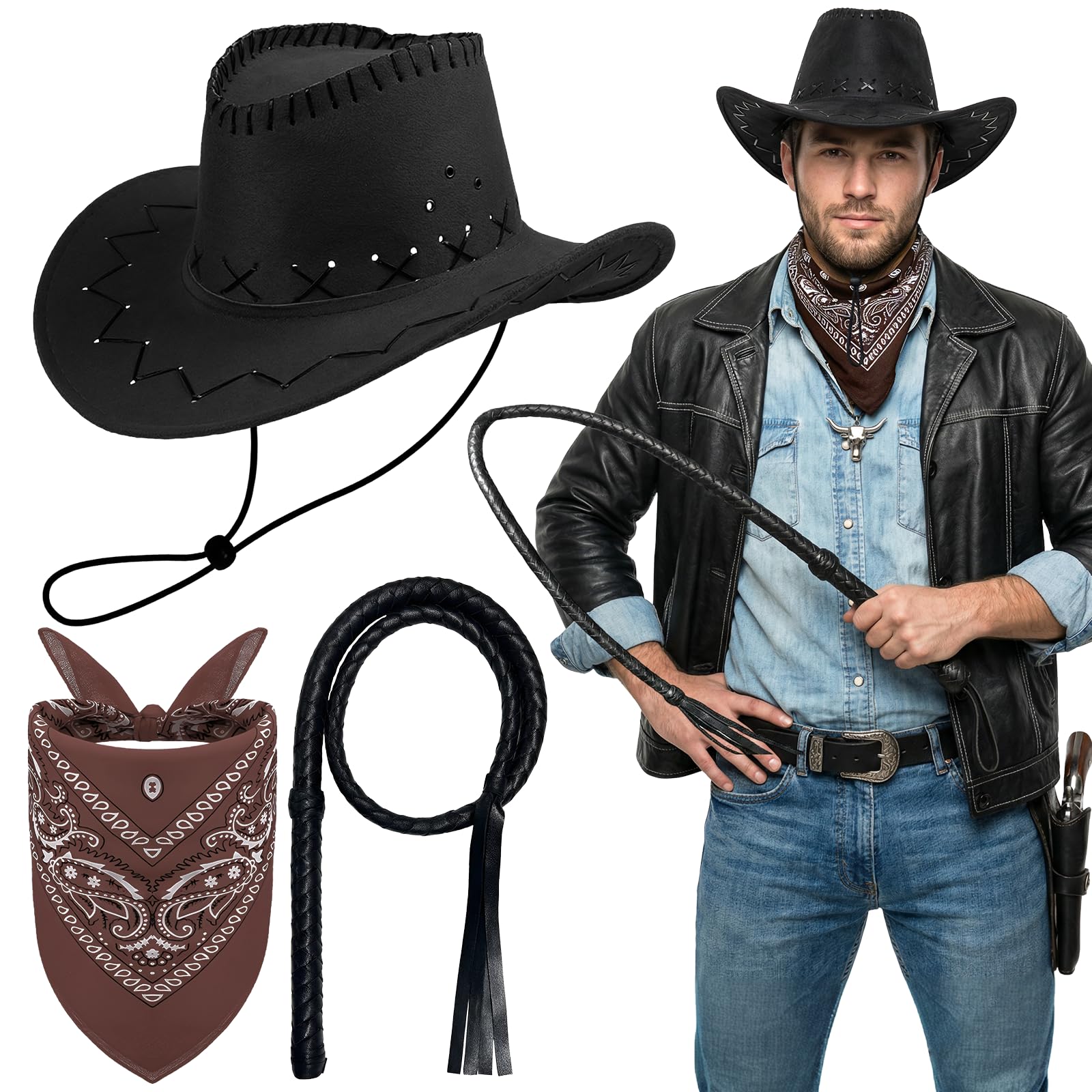 Kyndara 3Pcs Western Cowboy Hat Set, Wilde West Brim Hat with Paisley Bandana Whip Cowboy Fancy Dress for Adult Masquerade Country Music Festivals Theme Party Cosplay